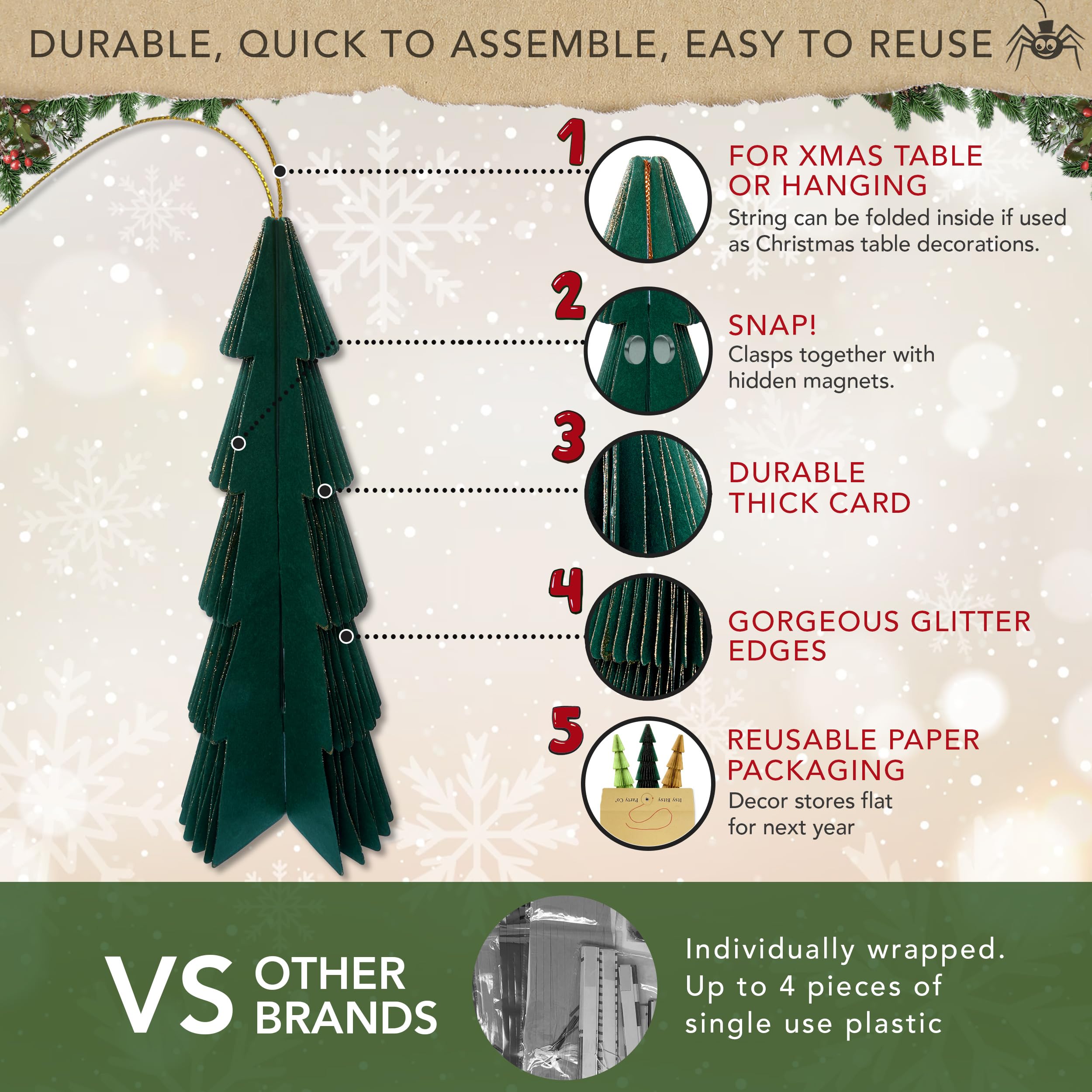 Premium Reusable Christmas Decorations - Table and Home Decor - Paper Indoor and Hanging Xmas Trees (Green, Brown) - Image 3