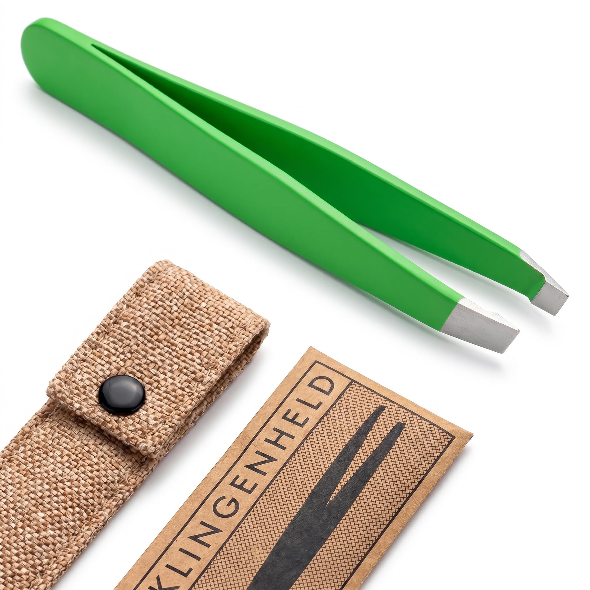 KLINGENHELD® Haargenaue Pinzette - greift jedes Haar beim 1. Versuch ohne durchrutschen - Pinzette Augenbrauen Zupfen handgeschliffen, schließt Jahr für Jahr bündig - Jute-Etui (50 Farben)