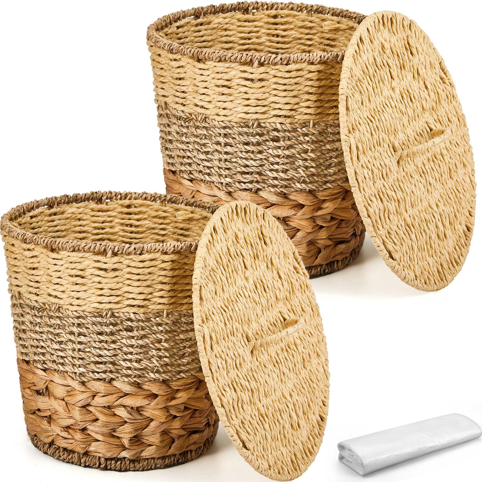 Ctosree 2 Pcs Wicker Trash Can Basket Woven Waste Basket with Lid Bathroom Wastebasket Garbage Bin with 100 Pieces of Trash Bags for Bedroom Farmhouse Home Office Kitchen (Wood Color, Medium)
