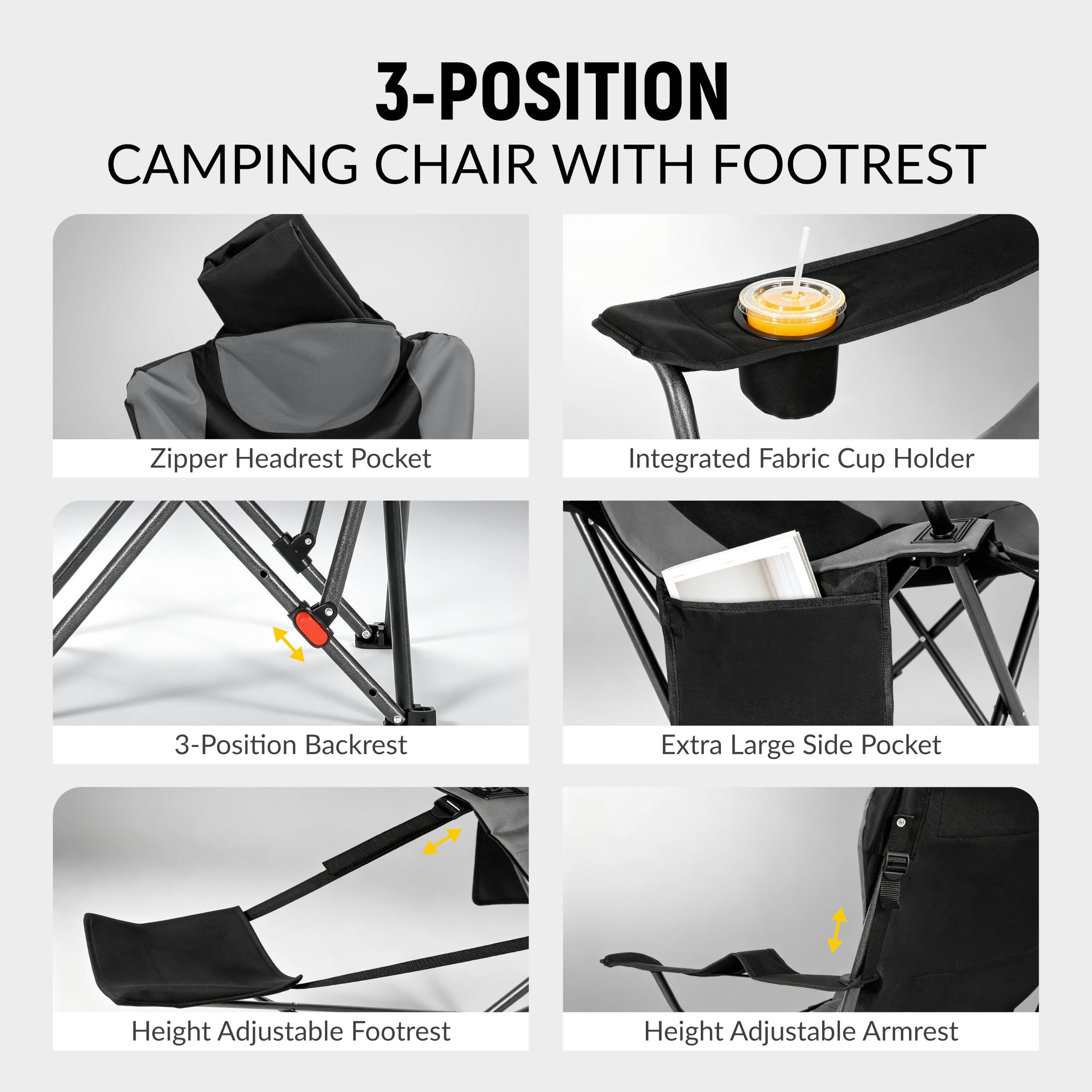 OUTSIDER Silla de camping resistente con reposapiés, 200 kg, silla plegable de 3 posiciones, soporte para bebidas, bolsillo superior con cremallera y bolsillo lateral, portátil para camping, pesca