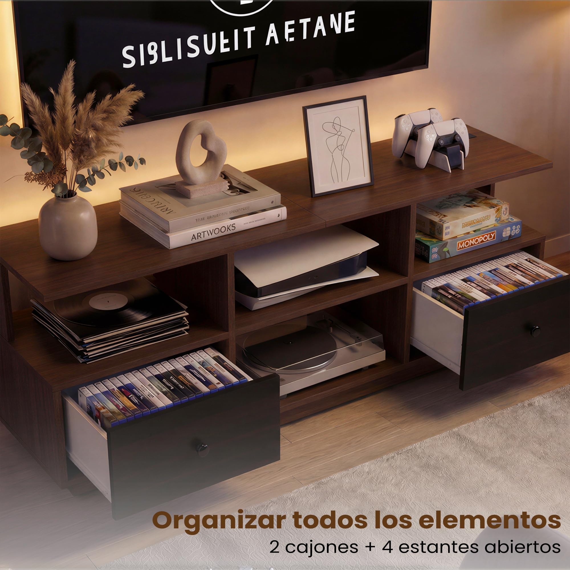 Manora Mueble de TV con Enchufe, Mesa de TV para hasta 55 Pulgadas, Mueble TV Salon con 2 Cajón y 4 Compartimentos Abiertos, Mueble Television para Salon, Dormitorio, 120 x 30 x 54 cm, Marrón y Negro