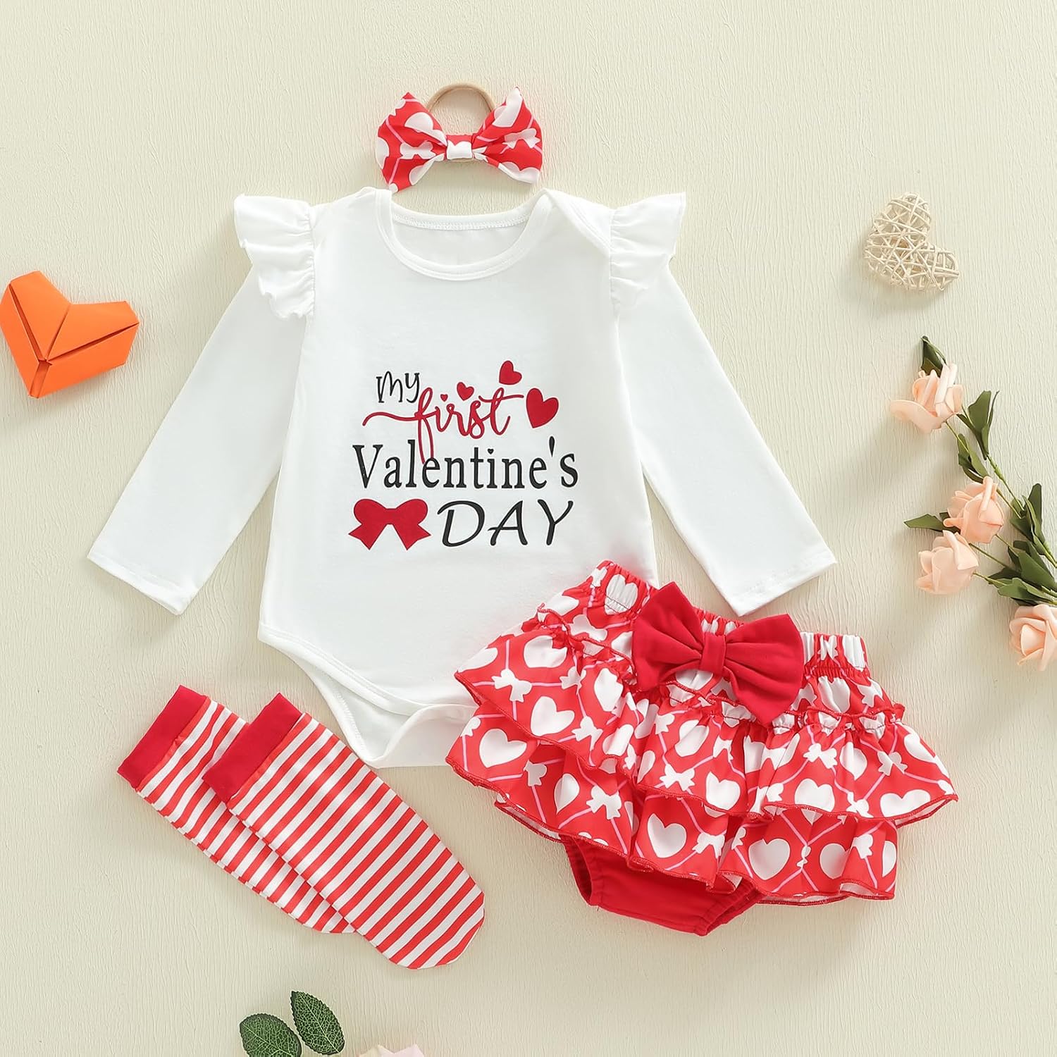 Thorn Tree Baby Girl Valentines Outfit Heart Be Mine Clothes Long Sleeve Romper Tutu Skirt Socks Headband Newborn Outfits