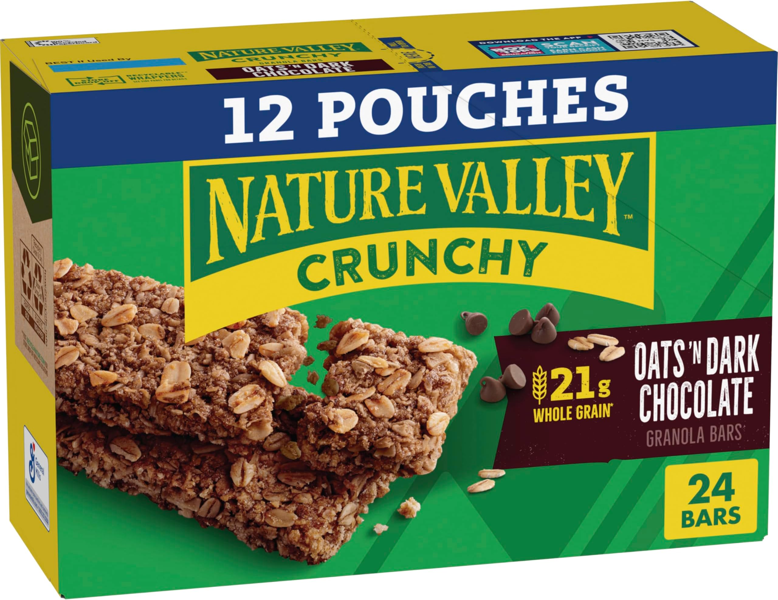 - Crunchy Granola Bars, Oats 'N Dark Chocolate, 24 Bars, 17.88 oz (12 Pouches)
