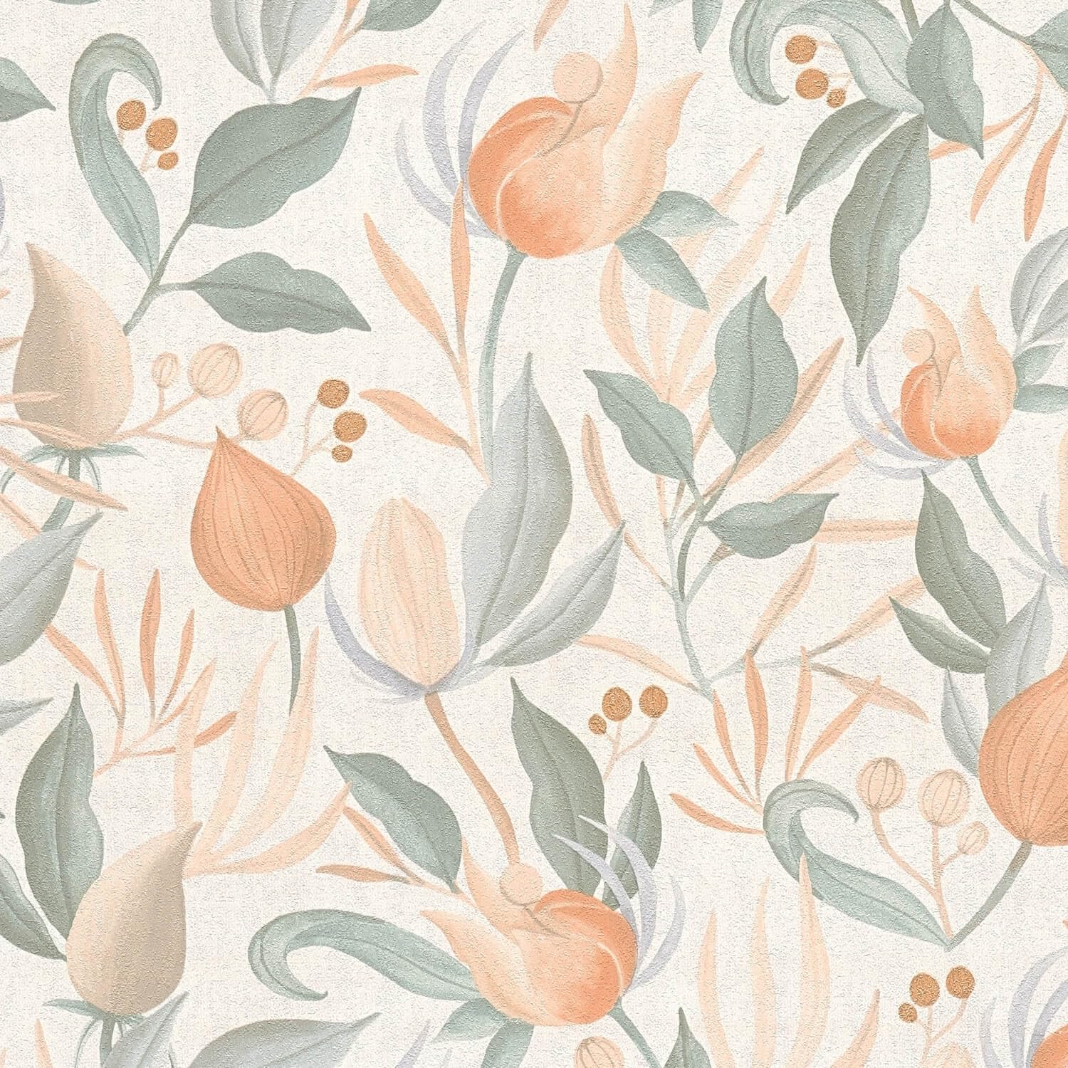 Papel pintado de flores Profhome premium en tejido no tejido crema y turquesa