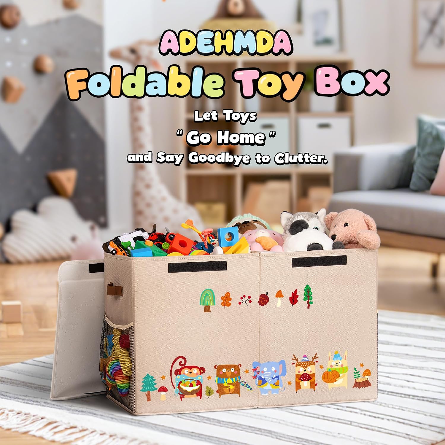 80L Large Toy Storage Box with Lid, Large Toy Box Chest for Kids, Girls and Boys, Nursery Room and Living Room, 26"x13" x16" (Dark Khaki-animal)