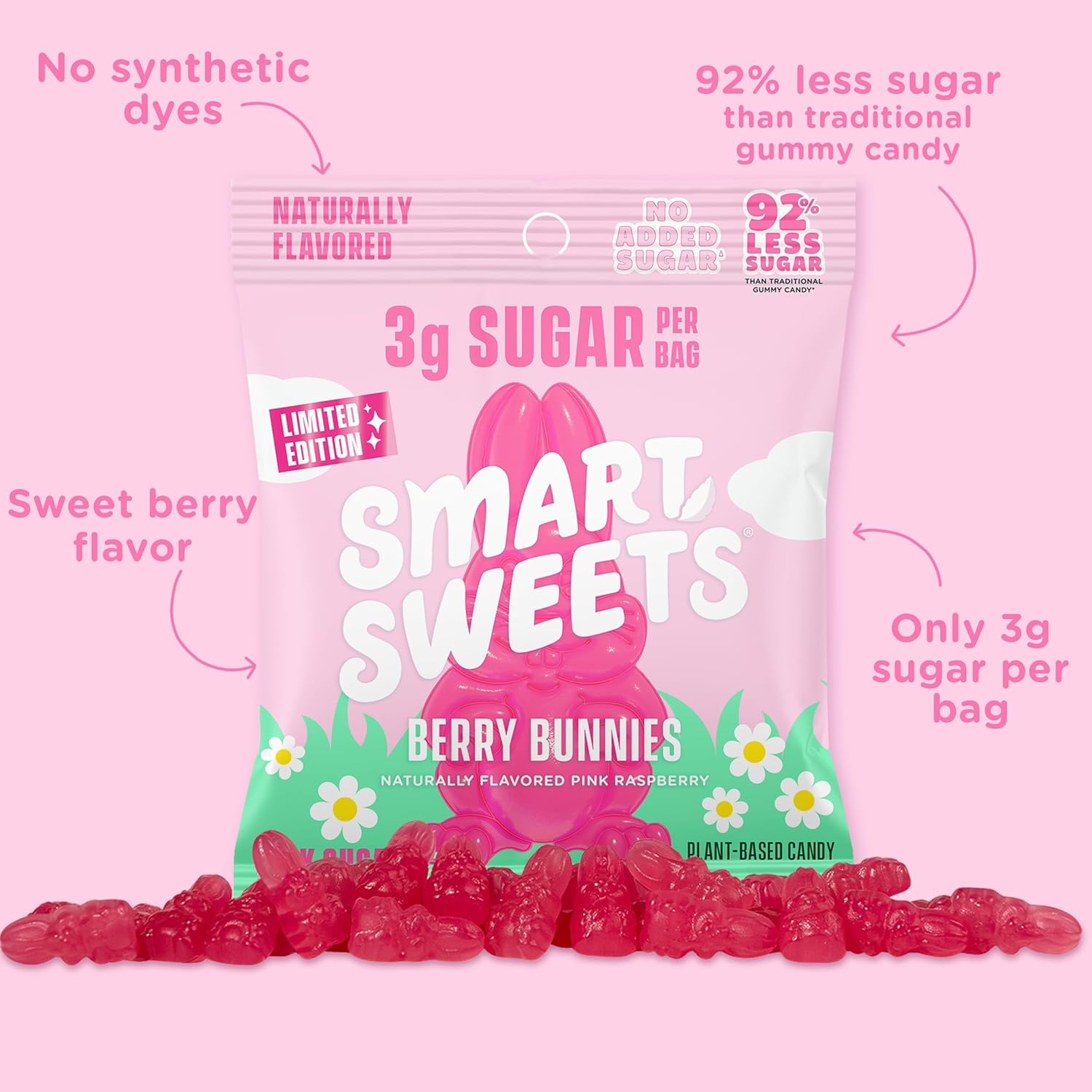 SmartSweets Berry Bunnies Easter Candy, 1.8oz (Pack of 14),Gummy Candy with Low Sugar, Low Calorie, No Artificial Sweeteners, Plant-Based, Gluten-Free, Healthy Snack for Kids & Adults