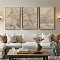 Cuspin Large Vintage 3-Piece Framed Neutral Tree Landscape Wall Art, 24x36 Inch Retro Forest Sketch Canvas Set for Living Room, Hallway, Office