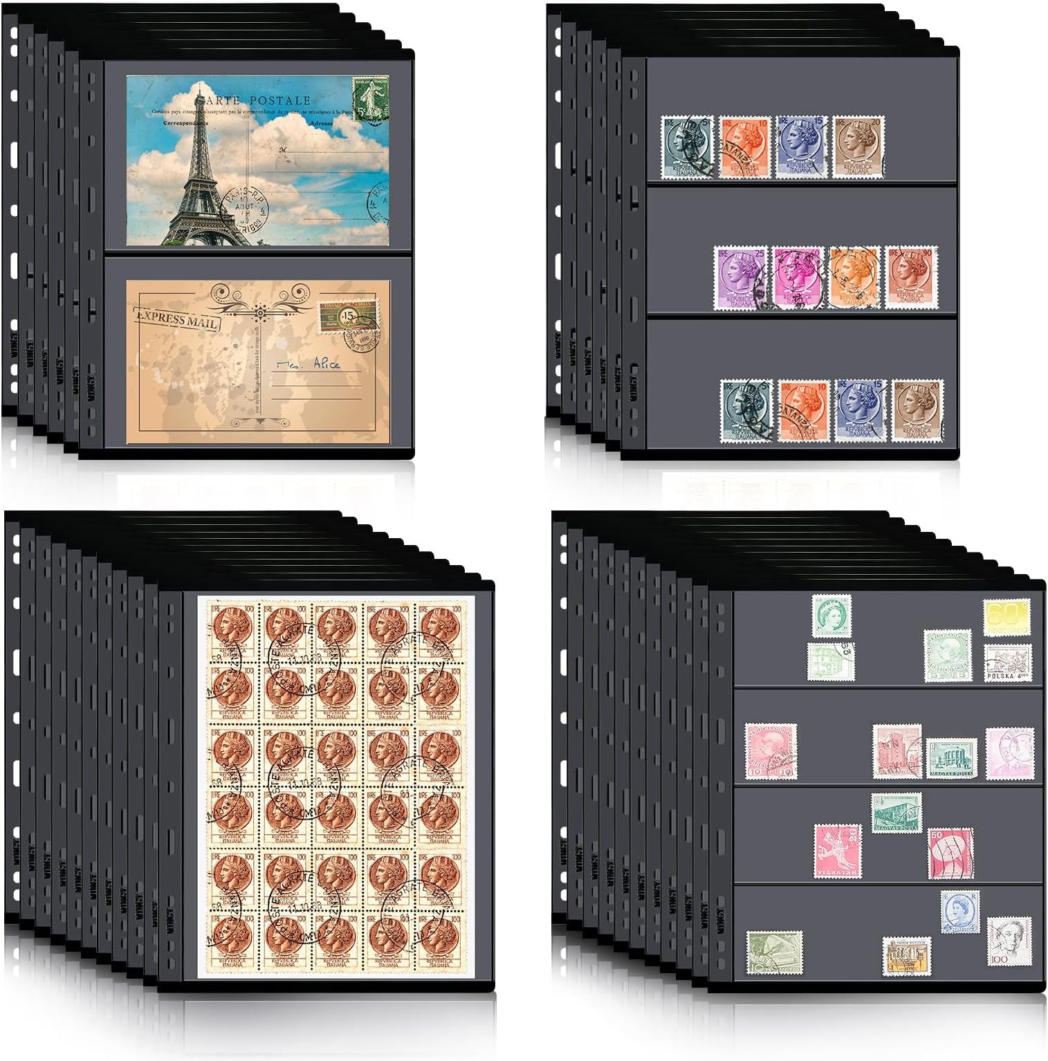 40 Sheet Stamp Pages for Stamp Album Binder 1/2/3/4 Pockets Collectors Postage Collecting Supplies Book of Stamps 9 Hole Standard Collecting Albums for Collectors Display