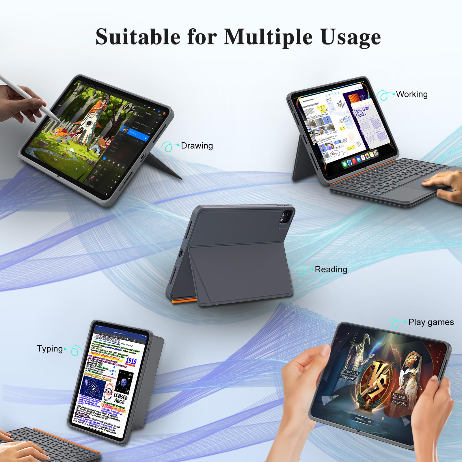Funda con Teclado para iPad Air 13 Pulgadas (M4/M3/M2, 2026/2025/2024), Teclado Inalámbrico para iPad Pro 12,9 6ª/5ª/4ª/3ª, Desmontable Magnéticamente, Trackpad, Retroiluminación en 7 Colores (Gris)
