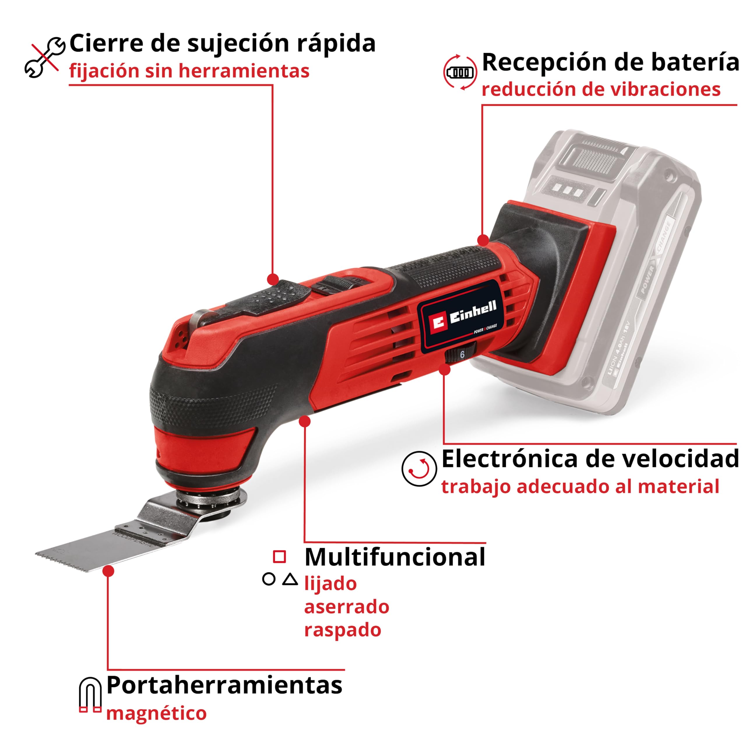 Einhell Herramienta multifunción con batería TE-MG 18/1 Li-Solo Power X-Change (18 V, 3 funciones, portaherramientas magnético, electrónica de velocidad, incl. accesorios, sin batería)
