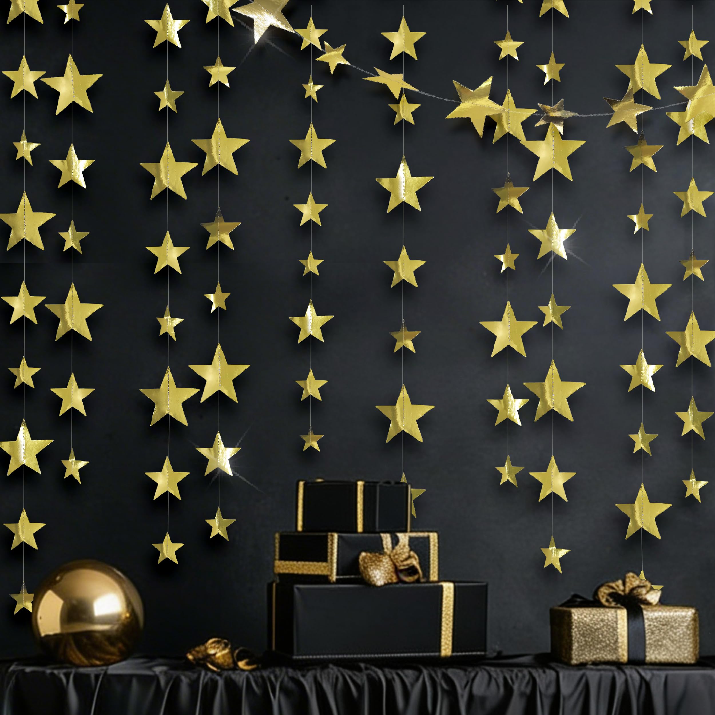 Cheerland 157ft Gold Star Garlands Star Party Decorations Hanging Stars Decorations Paper Stars Streamer Banner Backdrop for Ramadan Eid Starry Night Moon Birthday Party Decor (Gold)