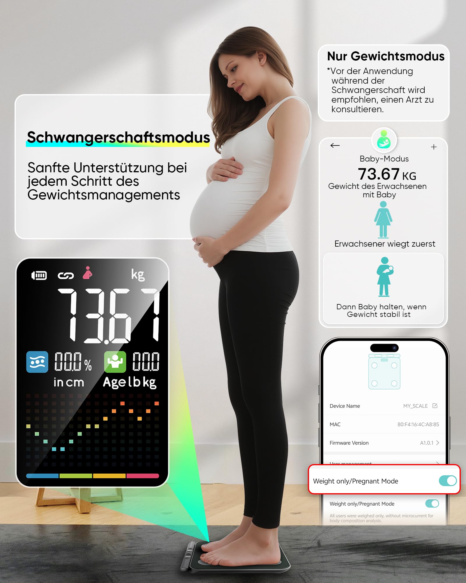 Körperfettwaage Personenwaage Digital 8-Elektroden Bluetooth App Smart Körperanalysewaage, 58 Körperdaten Fett, Muskel, Protein, BMI, BMR, Großes Display, Gehärtetes Glas, 180kg/400lbs, 24 Benutzer