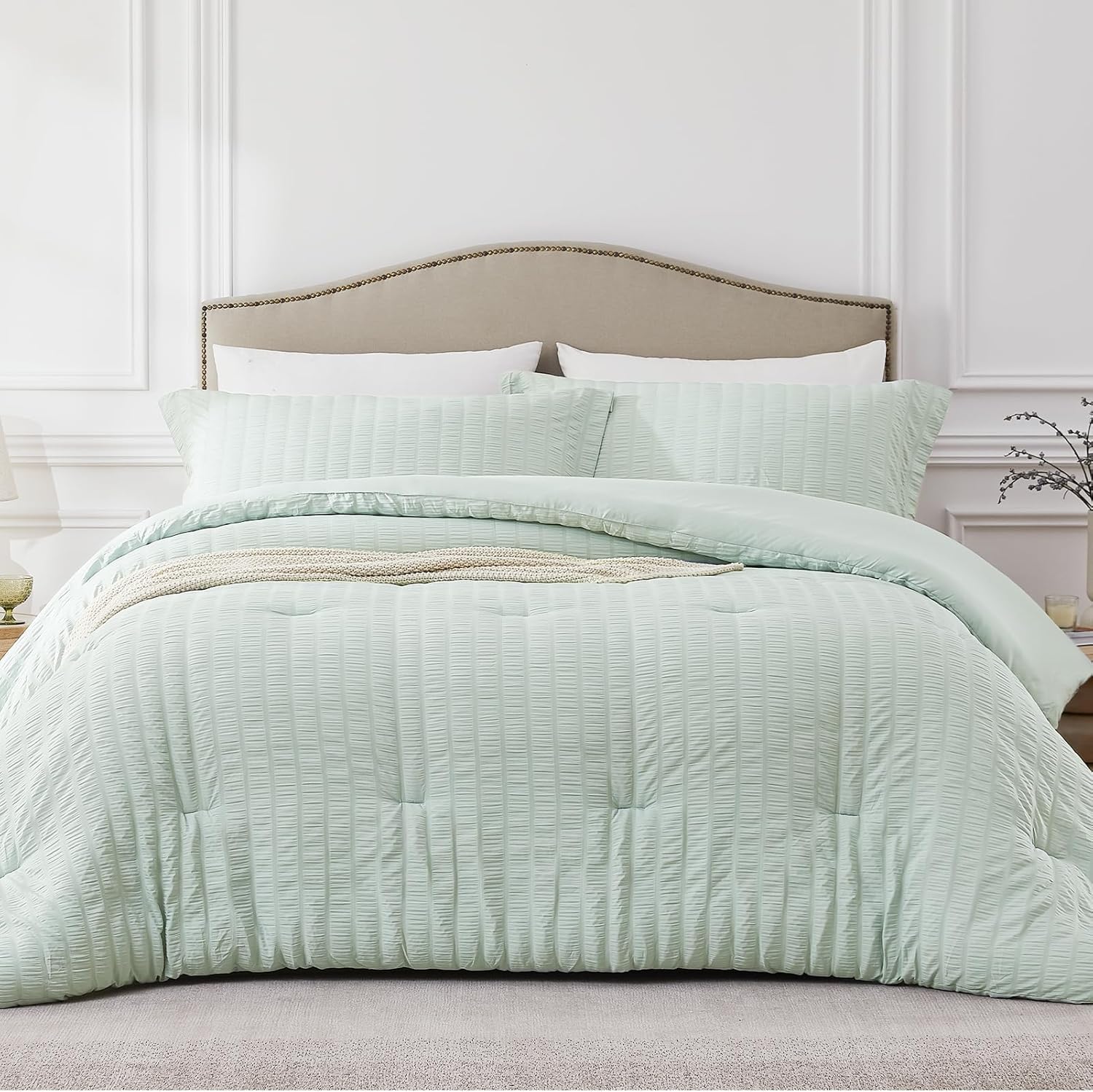 Quataly Sage Green King Comforter Set 3 Pieces Seersucker