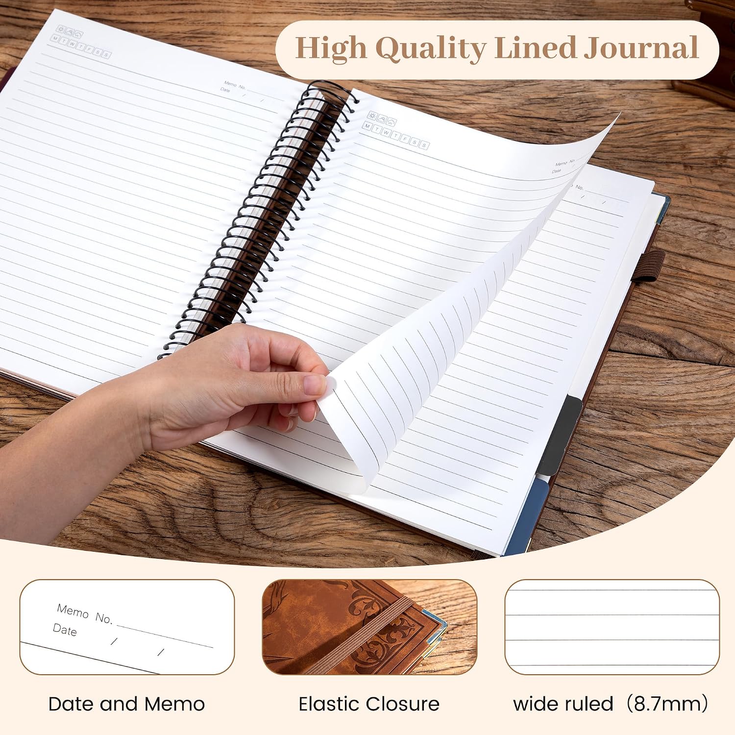 5 Subject Notebook with Dividers, Leather Spiral Journal, 8.5x11, Brown image 5