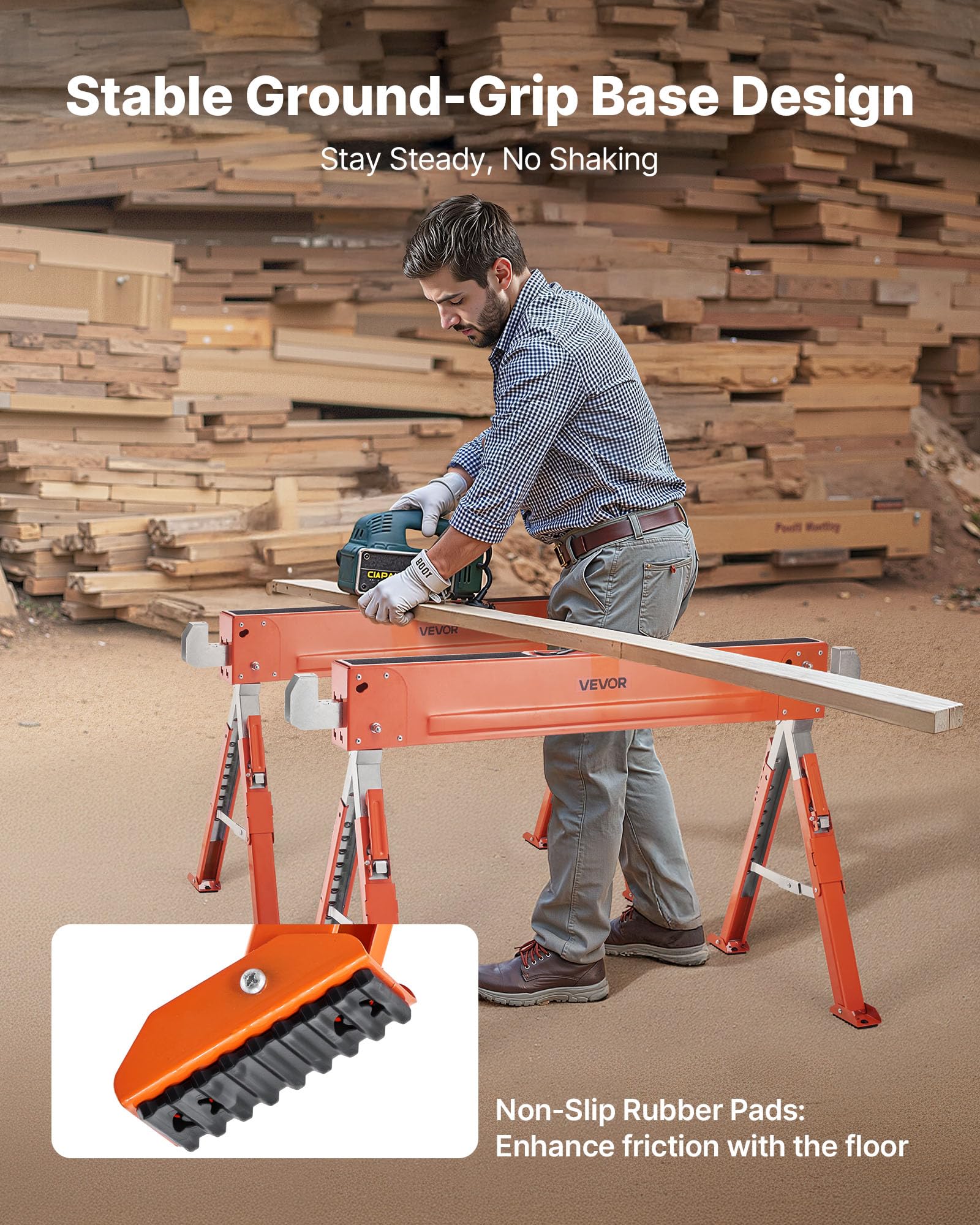 VEVOR Chevalet de Sciage, Lot de 2, Tréteau de Sciage Pliable, Capacité de Charge 816,5 kg, Hauteur Réglable, Pieds Robustes, Patins Antidérapants, Outil pour Menuiserie, Menuisiers, Bricoleurs Bois