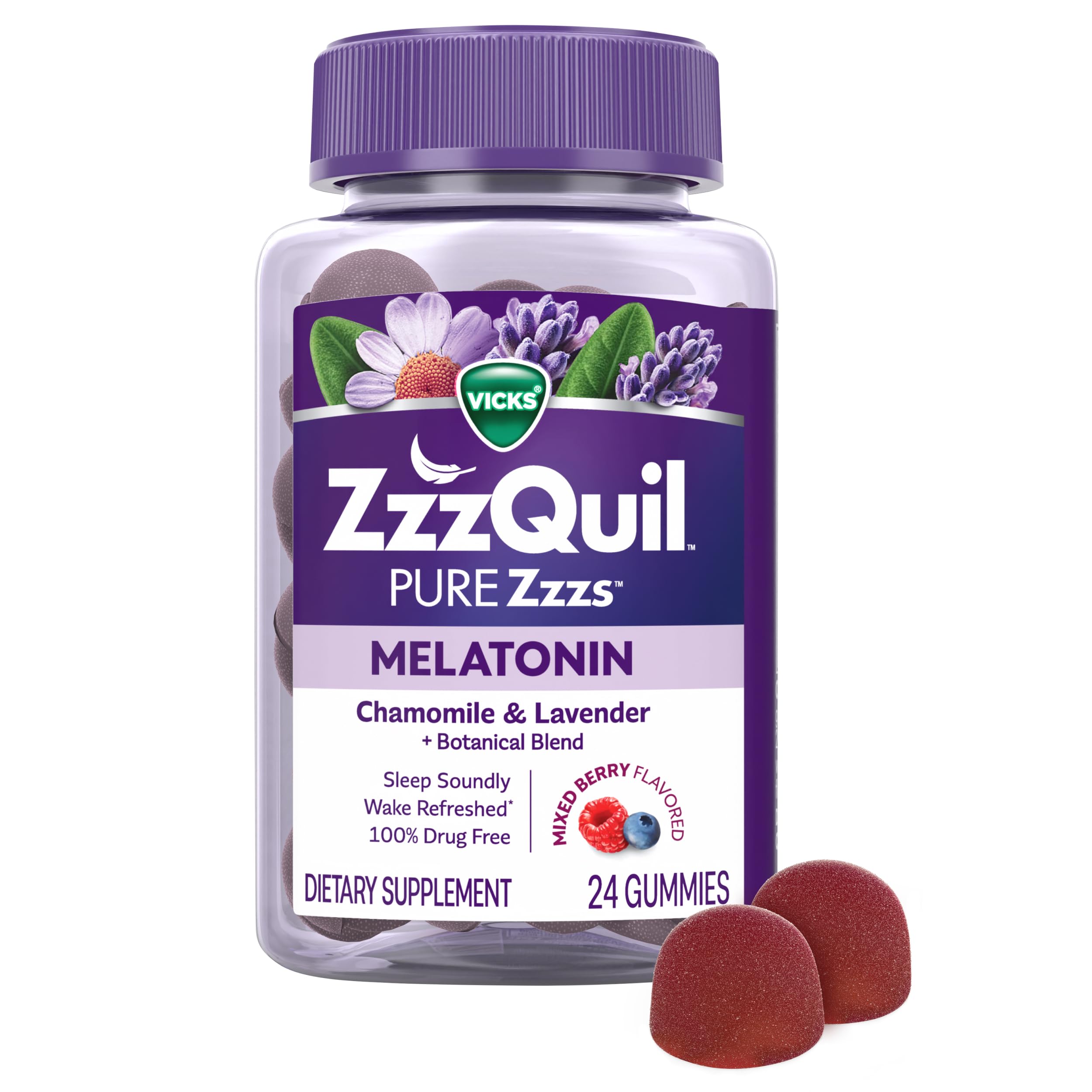 ZzzQuil Pure Zzzs, Melatonin Sleep Aid Gummies with Lavender, Valerian Root and Chamomile, Natural Wildberry Vanilla Flavor, Non-Habit Forming, Drug-Free, 24 Gummies (Pack of 2) — Amazon image 8