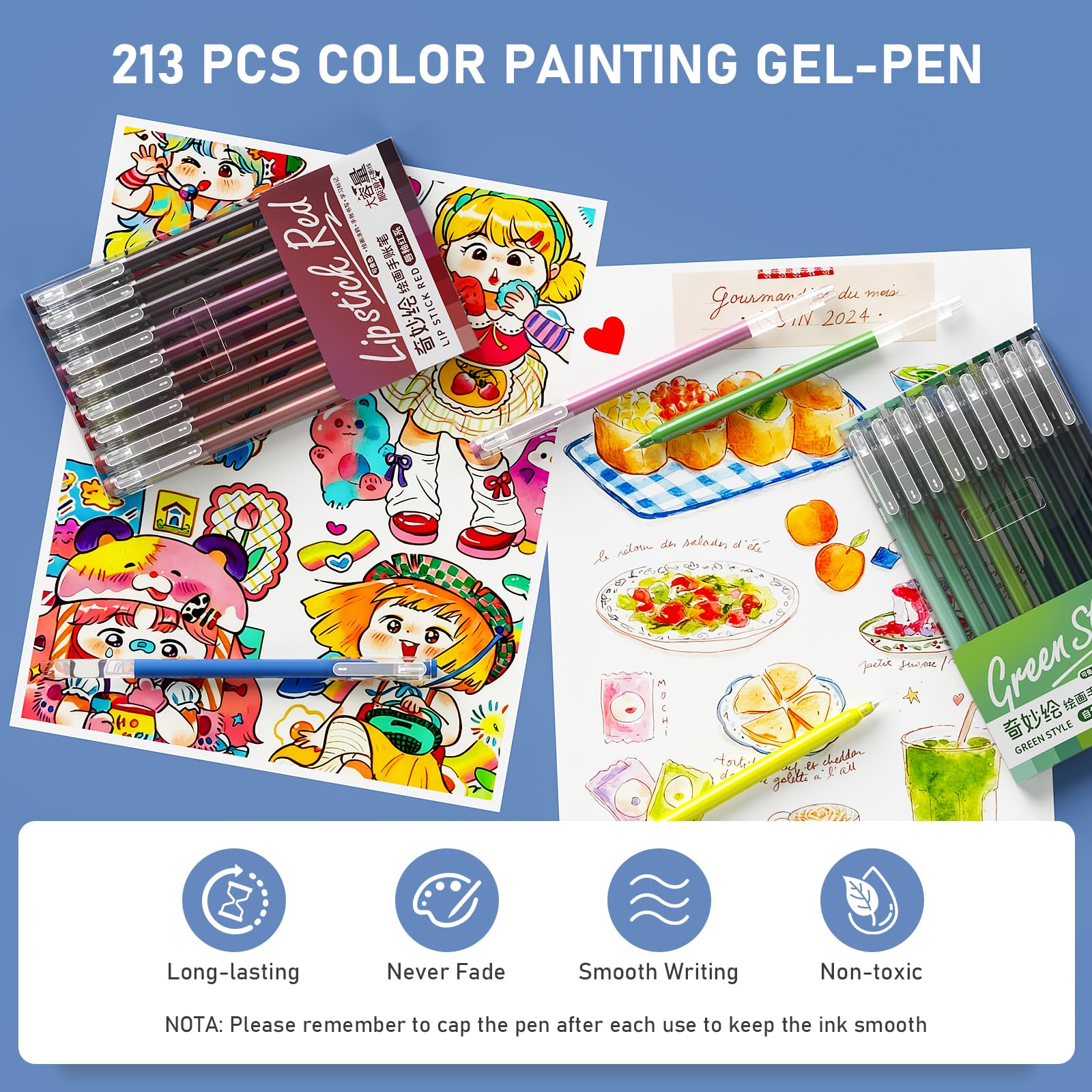 TrendGate Set di 213 penne gel, punta fine da 0,6 mm, 207 colori (204 colori + 3 bianco/3 argento/3 oro), set di penne gel per pittura, scrittura e diario per adulti