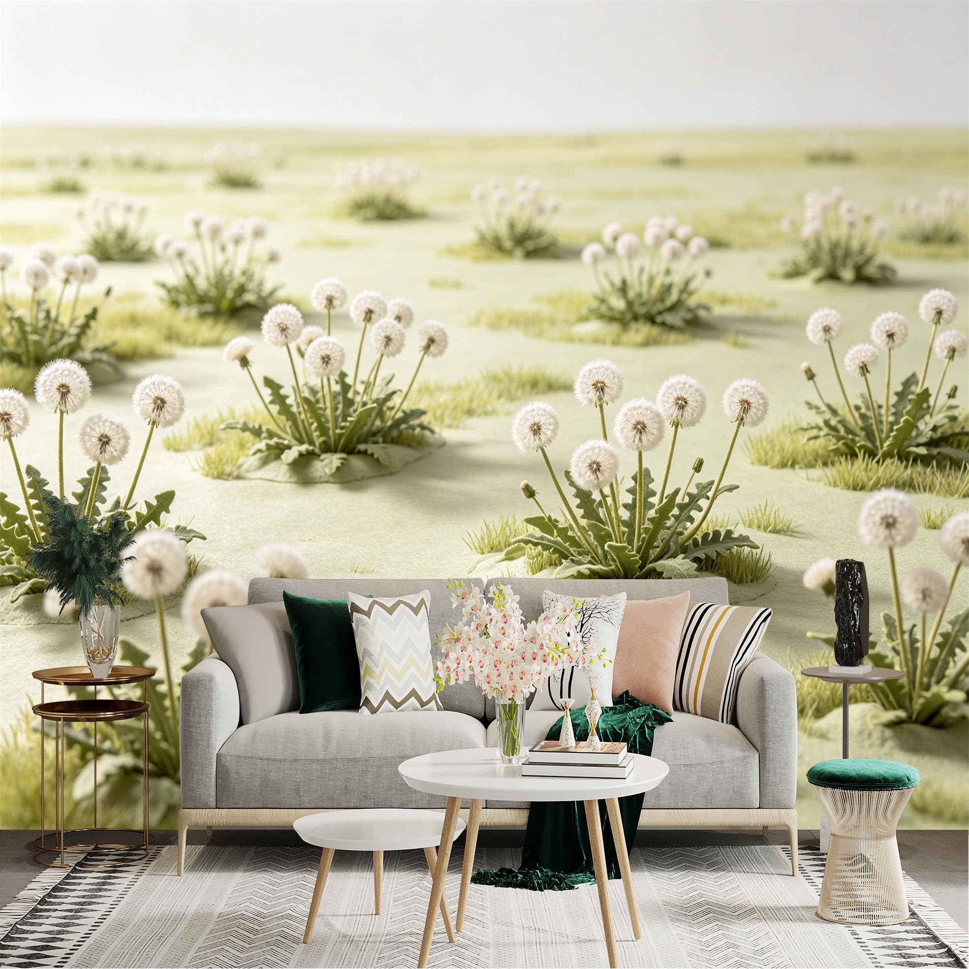 Custom Size Wall Sticker Mural， White Dandelion Flowers， Soft Green Meadow， Nature Botanical Pattern， for wall Decoration， peelandstick wall Decals.