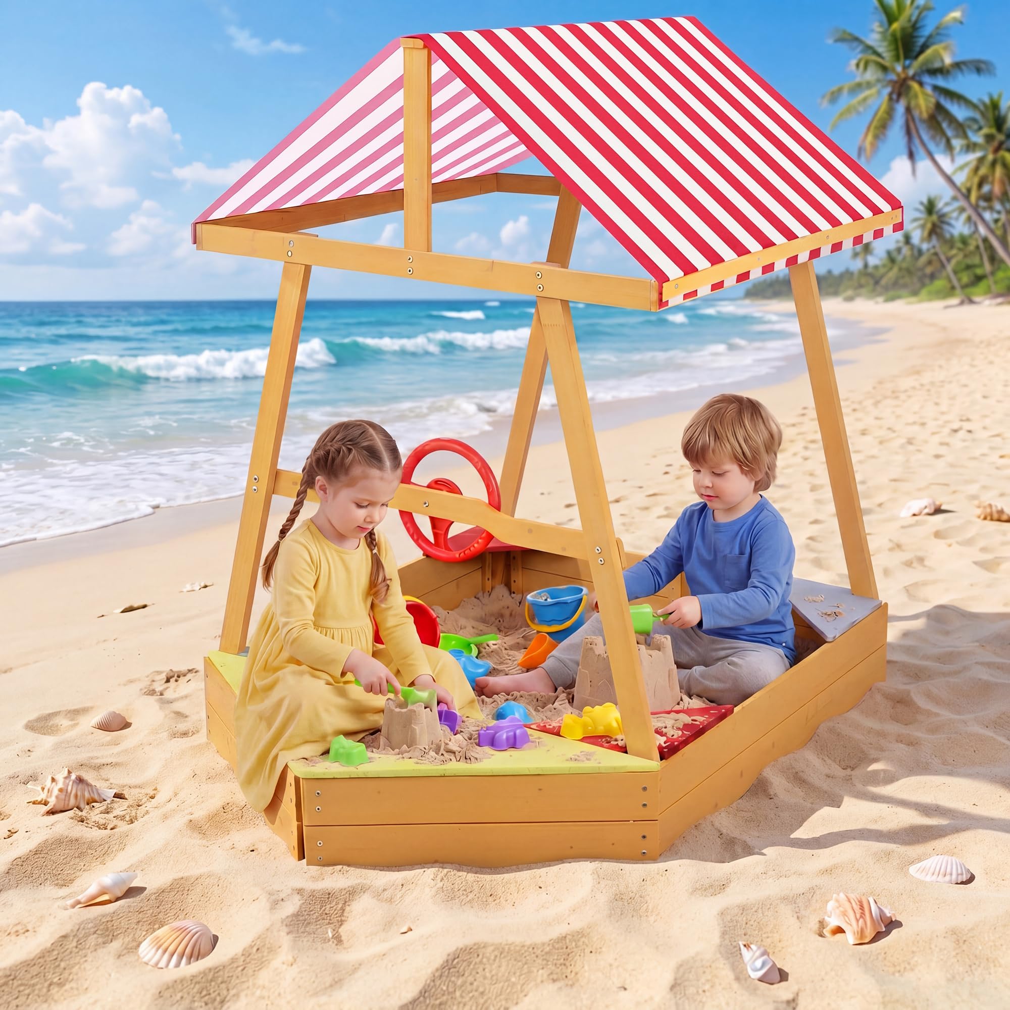 HOMASIS Bac à Sable en Bois pour Enfants, Jeu Extérieur en Forme Bateau avec Toit Oxford, Volant Pivotant, 4 Sièges d’Angle, Tapis de Sol, Fond Ouvert pour Drainage,103 x 135 x 140 cm, 18 Mois+