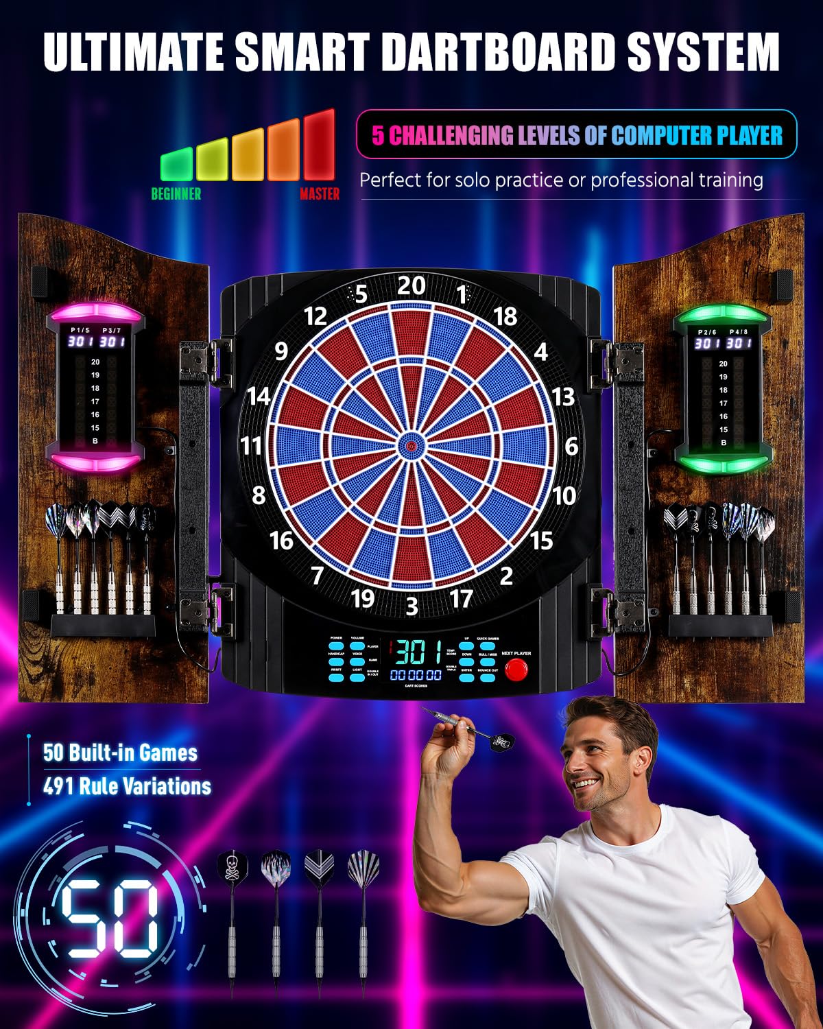 Yirinatek Jeu de Flechette Electronique, [12*Bronze Fléchettes] Cible Flechette Electronique, Armoire à Portes en Bois Rustique, Affichage LED 8 Couleurs, Jeux Flechette pour Maison & Bar - 5