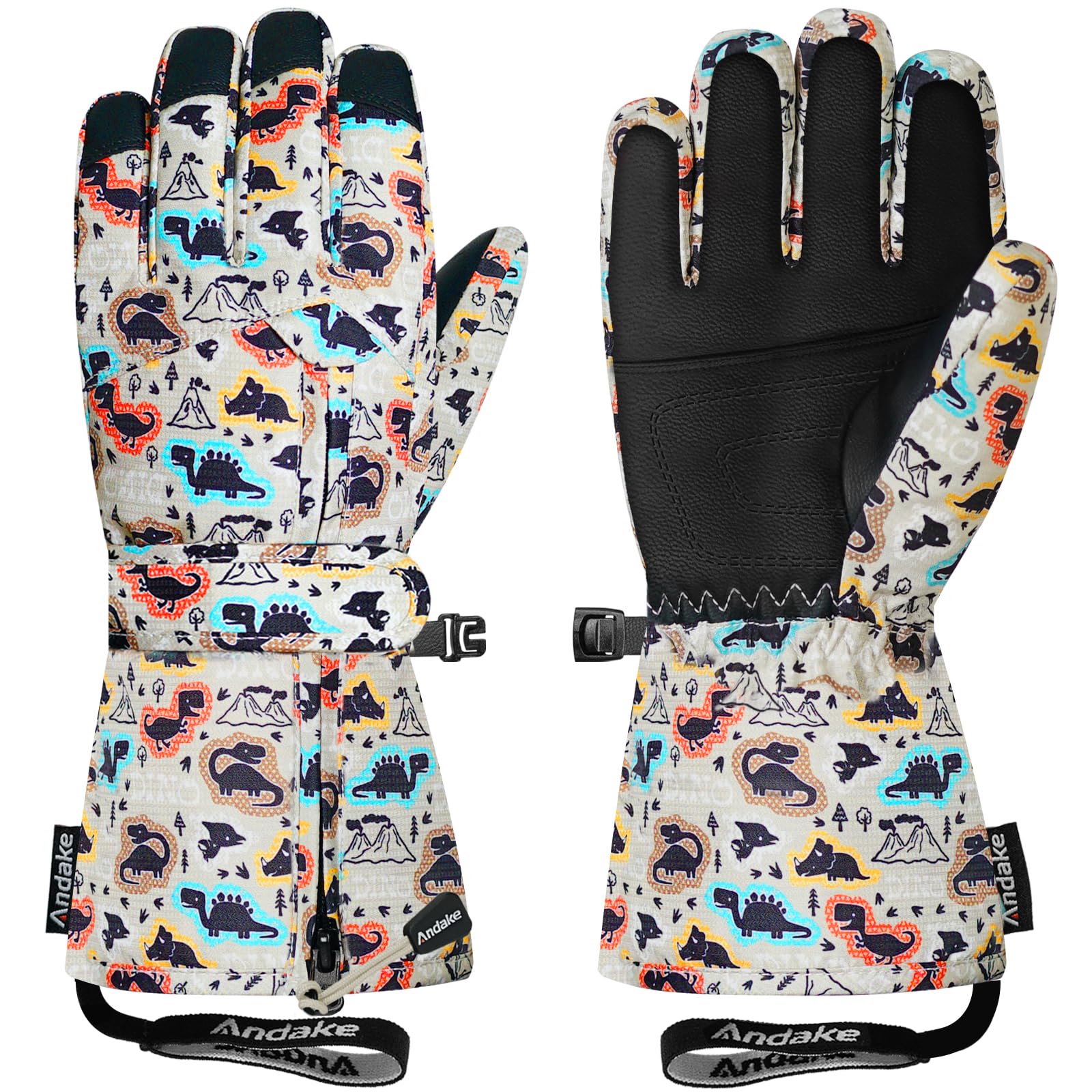 Andake Winter Ski Snow Gloves for Kids 2-14 - Waterproof Thermal Mittens for Boys Girls with Anti-Loss Wrist Strap, Windproof Cold Protection &amp; Cute Printing Design Toddler Snow Gloves