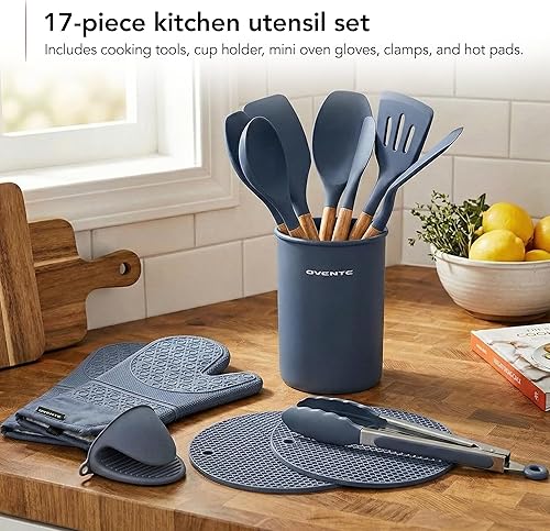 Miniatura 2 de Juego de utensilios de cocina de silicona OVENTE, 17 piezas de herramientas y gadgets de cocina resistentes al calor para utensilios de cocina Azul