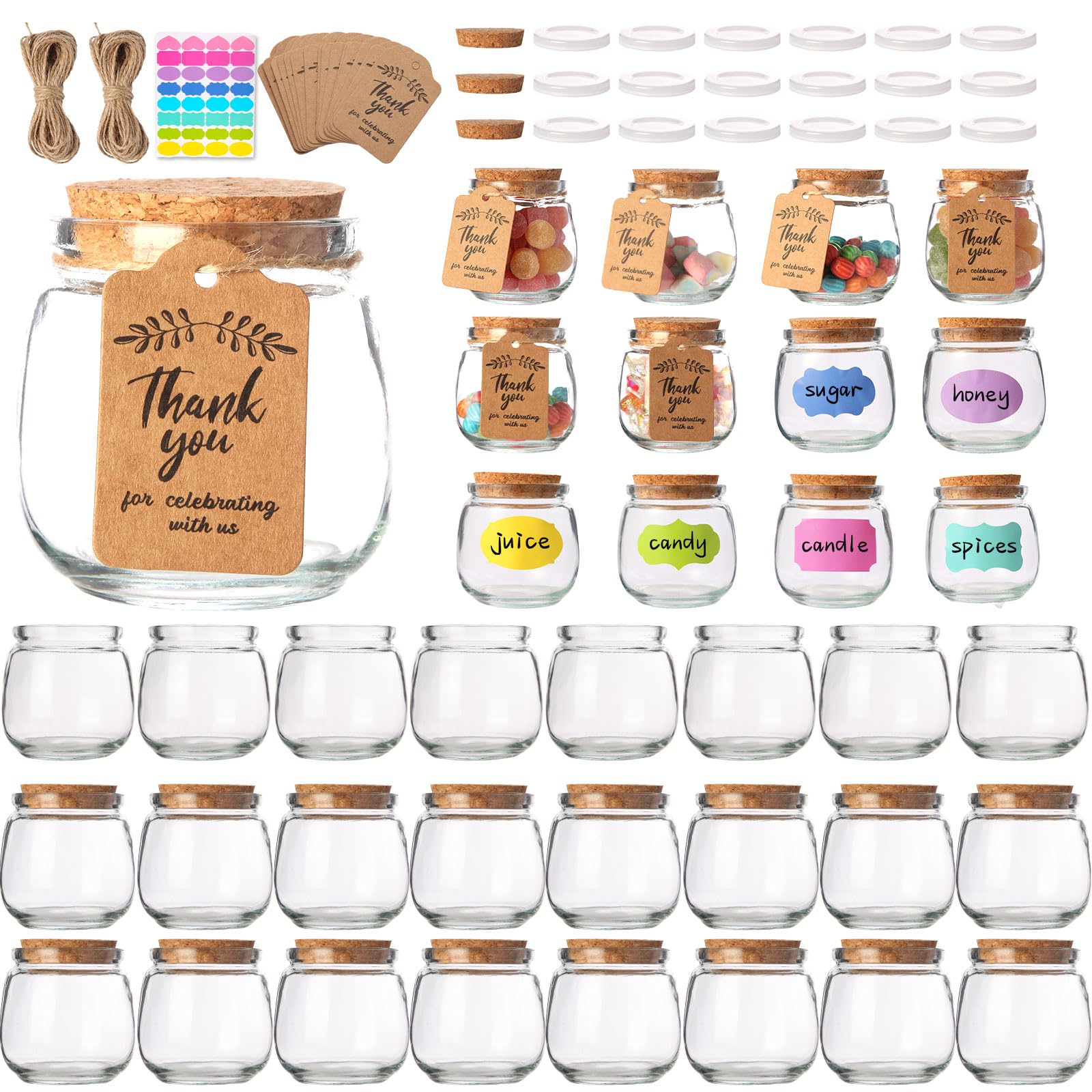 AIXIANG Glass Favor Jars with Cork Lid and Seal Cap,40 Pack 7 oz Small Glass Bottles for Wedding Favor,Baby Shower,Party Favor,Gift Jars, Candy, Spices, with Twine, Labels, Decorative Jars