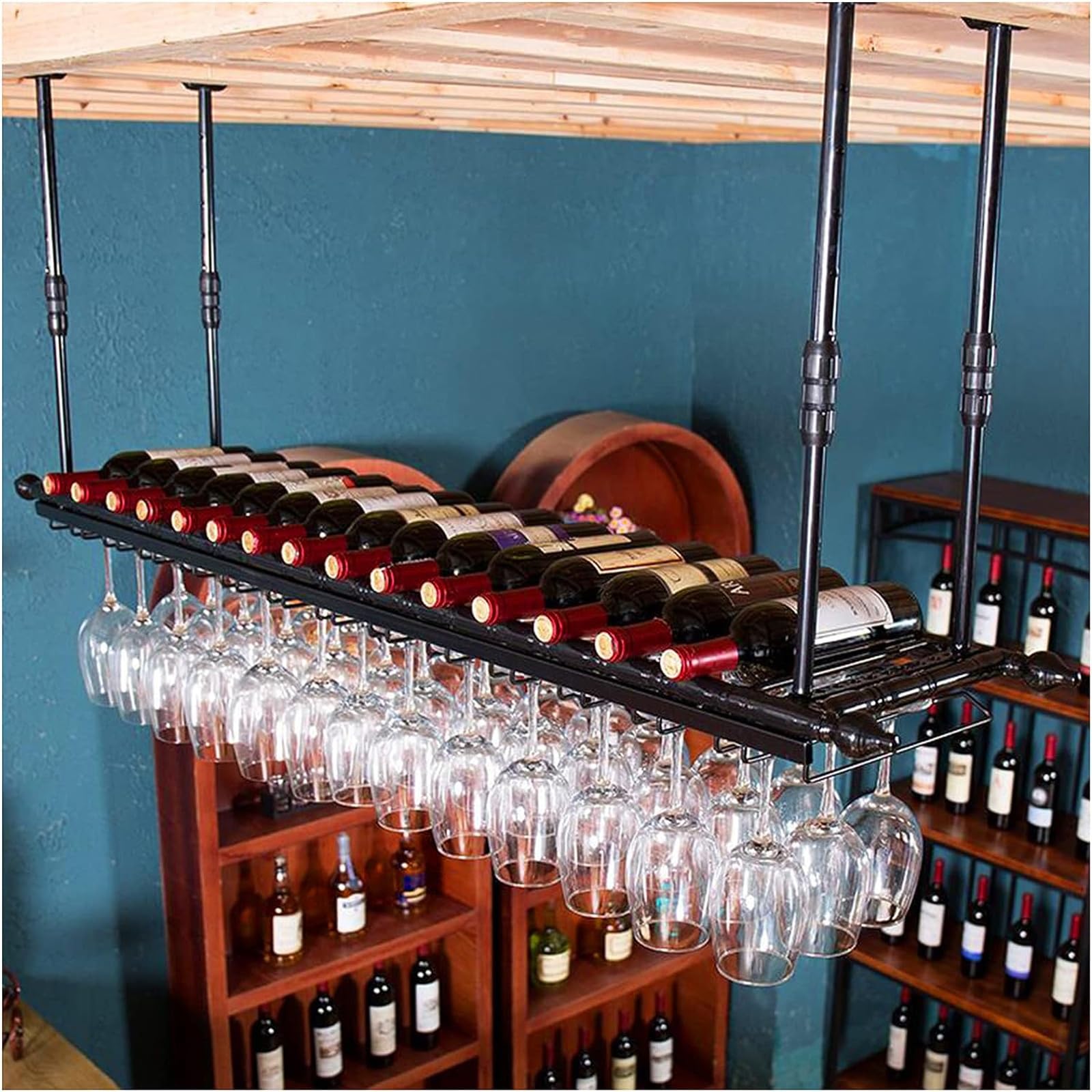 Casier à vin noir au plafond et porte-verre suspendu réglable en fer 120 cm