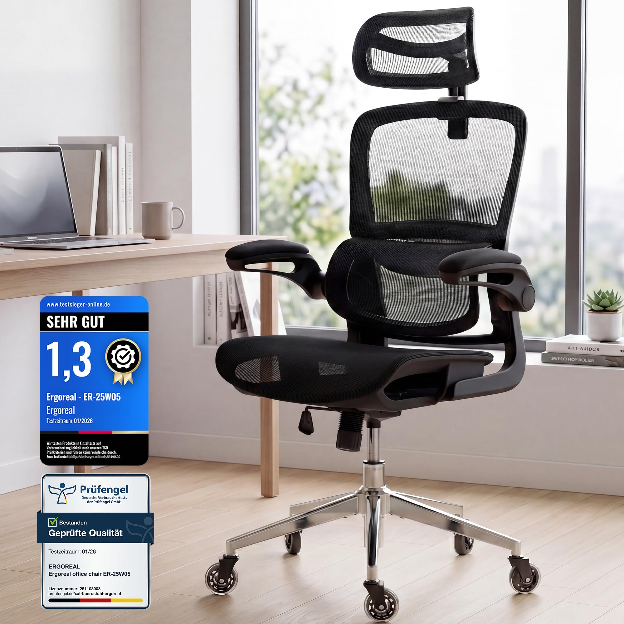 Schreibtischstuhl Ergonomischer Bürostuhl mit 150kg Tragkraft, verstellbaren Armlehnen, dynamischer Lendenstütze, Wippfunktion – Büro&Gaming Stuhl für Homeoffice, atmungsaktives Mesh,Schwarz