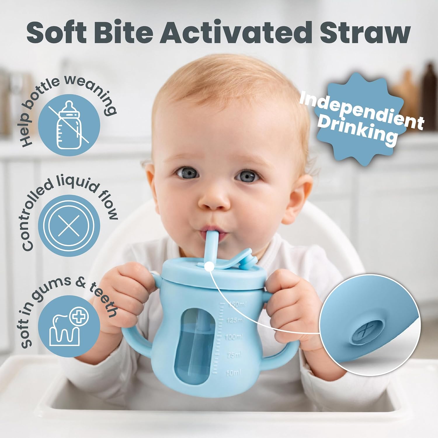 Silicone Sippy Training Cups with Straw 2-Pack, 6 oz Leak Proof Toddler Cups for Babies 6–36 Months, Bottle Weaning Cup Set, BPA Free Silicone with Handles, Green and Blue
