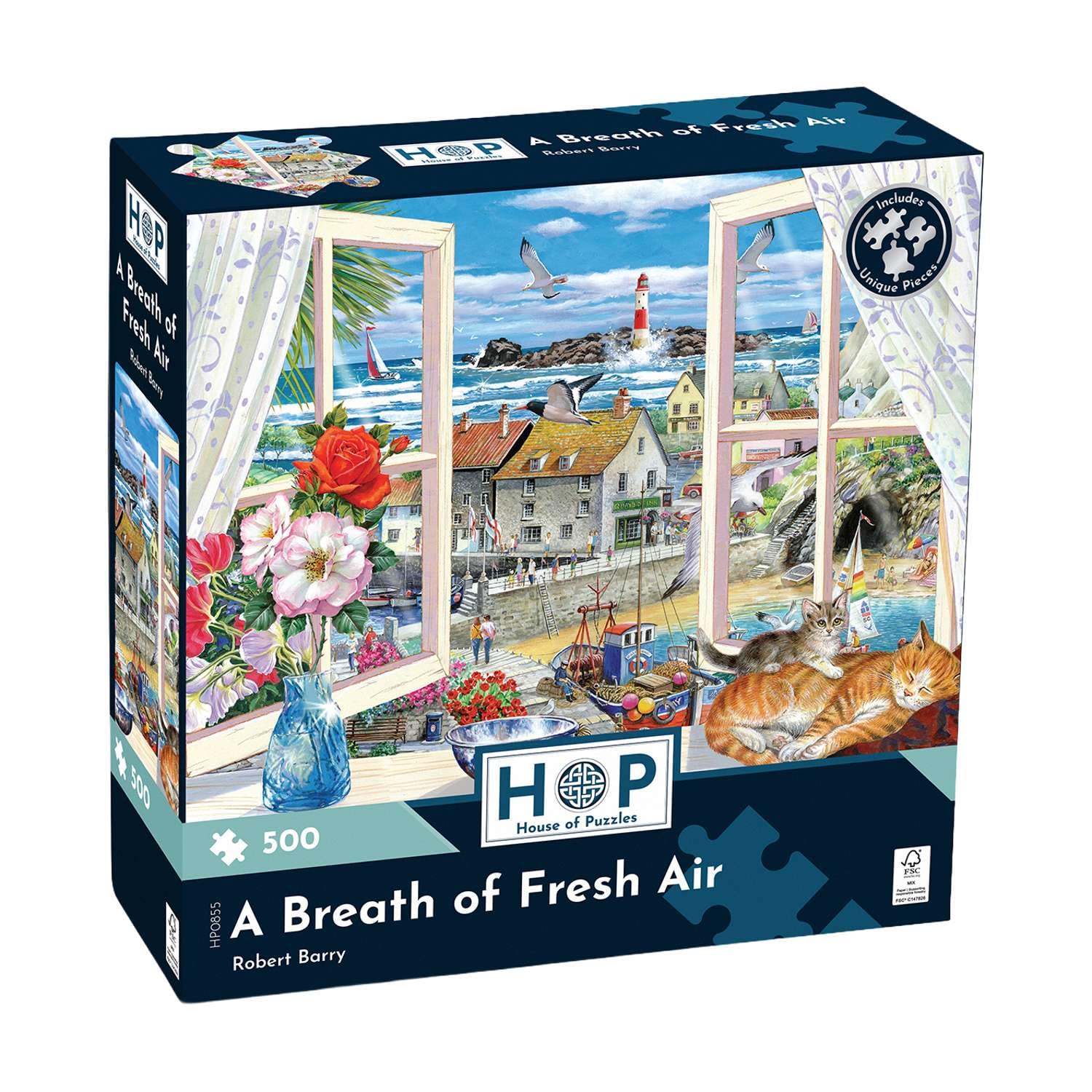 The House of Puzzles A Breath of Fresh Air 500 Piece Puzzle | British Seaside Jigsaw With Ocean View Window Scene & Unique Pieces | Jigsaws for Adults with Flower, Cat & Boat Art | Gifts for Puzzlers โ image 1