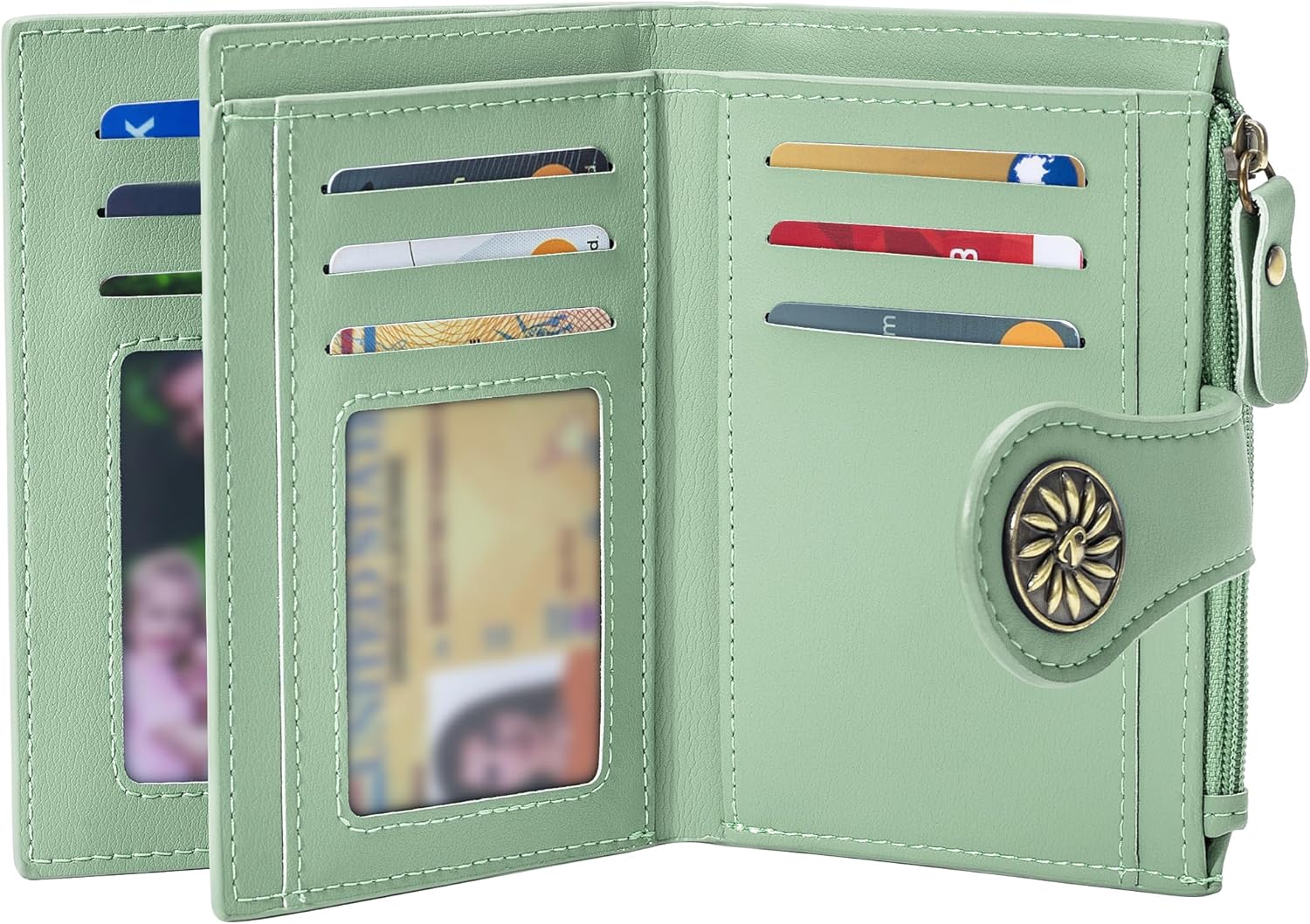 Small Wallets Woman Leather 2 ID Windows Bifold RFID Blocking Credit Card Holder Wallet with Zipper Coin Pocket