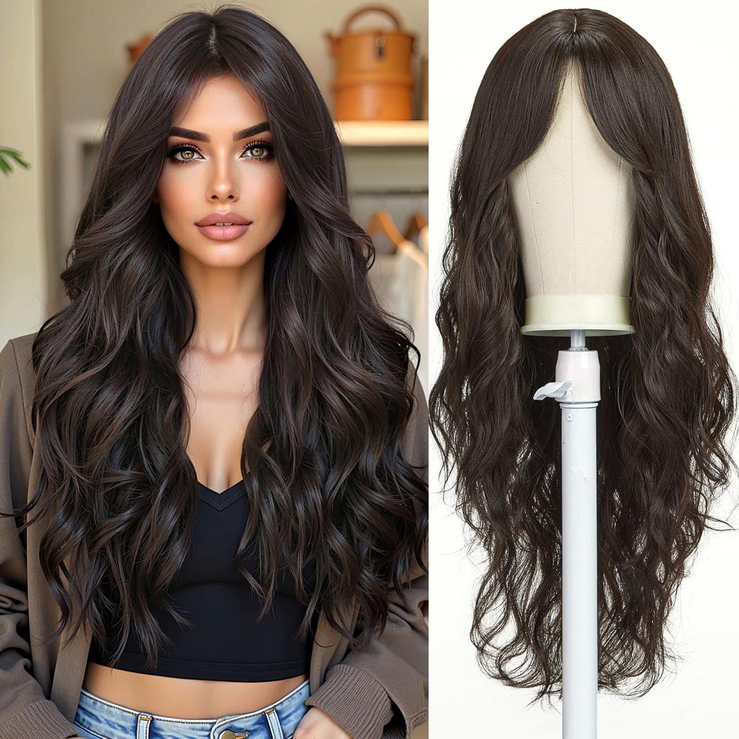 Esmee Parrucche Lunghe Ondulate Marrone Scuro per le Donne Natuaral Capelli Sintetici Resistenti al Calore Parrucca Brunette per Uso Quotidiano Cosplay Party