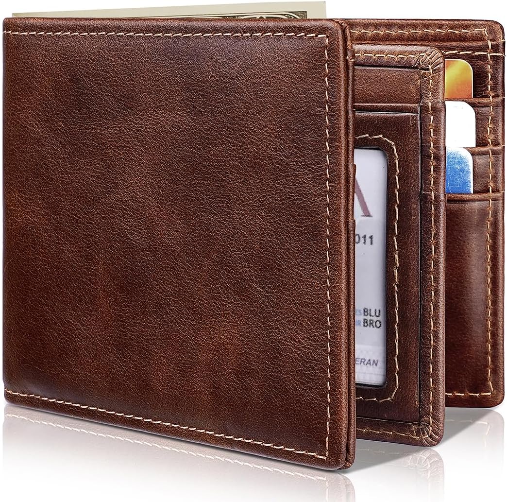 Artpaxy Mens Wallet Genuine Leather Bifold RFID Blocking Wallet for Men with 1 ID Window 13 Card Holders 2 cash pockets 1 Gift Box