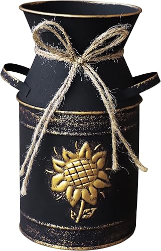 Soyizom Jarrón de metal negro con diseño de girasol, jarrones de cocina rústica para decoración del hogar, jarrón de leche con asa para decoración