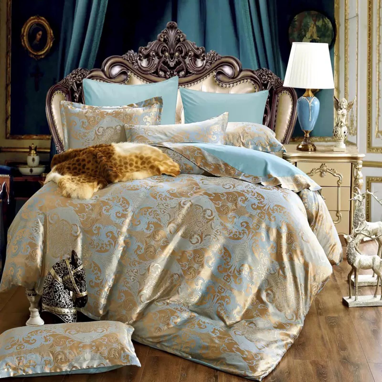 E-yimeng King Size Duvet Cover Sets Silk Satin Bedding Sets Premium Brushed Microfiber Duvet Set with 2 Pillowcases Zipper Luxury Super Soft Machine Washable 230x220 cm Turquoise Champagne