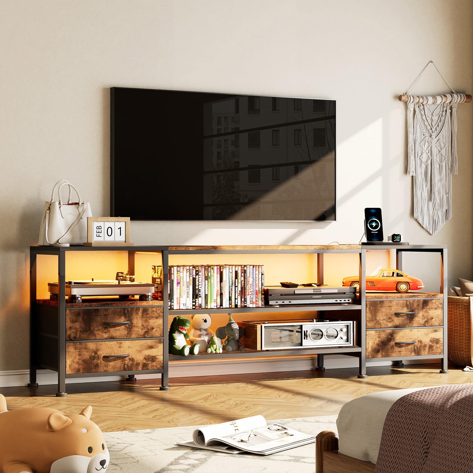 Mobile TV con Luci LED Presa, Tavolo TV Basso per Fino a 70 Pollici, Scaffale con 4 Cassetti in Tessuto e 2 Ripiani Aperti, Mobili per Soggiorno Camera da Letto, Marrone Vintage