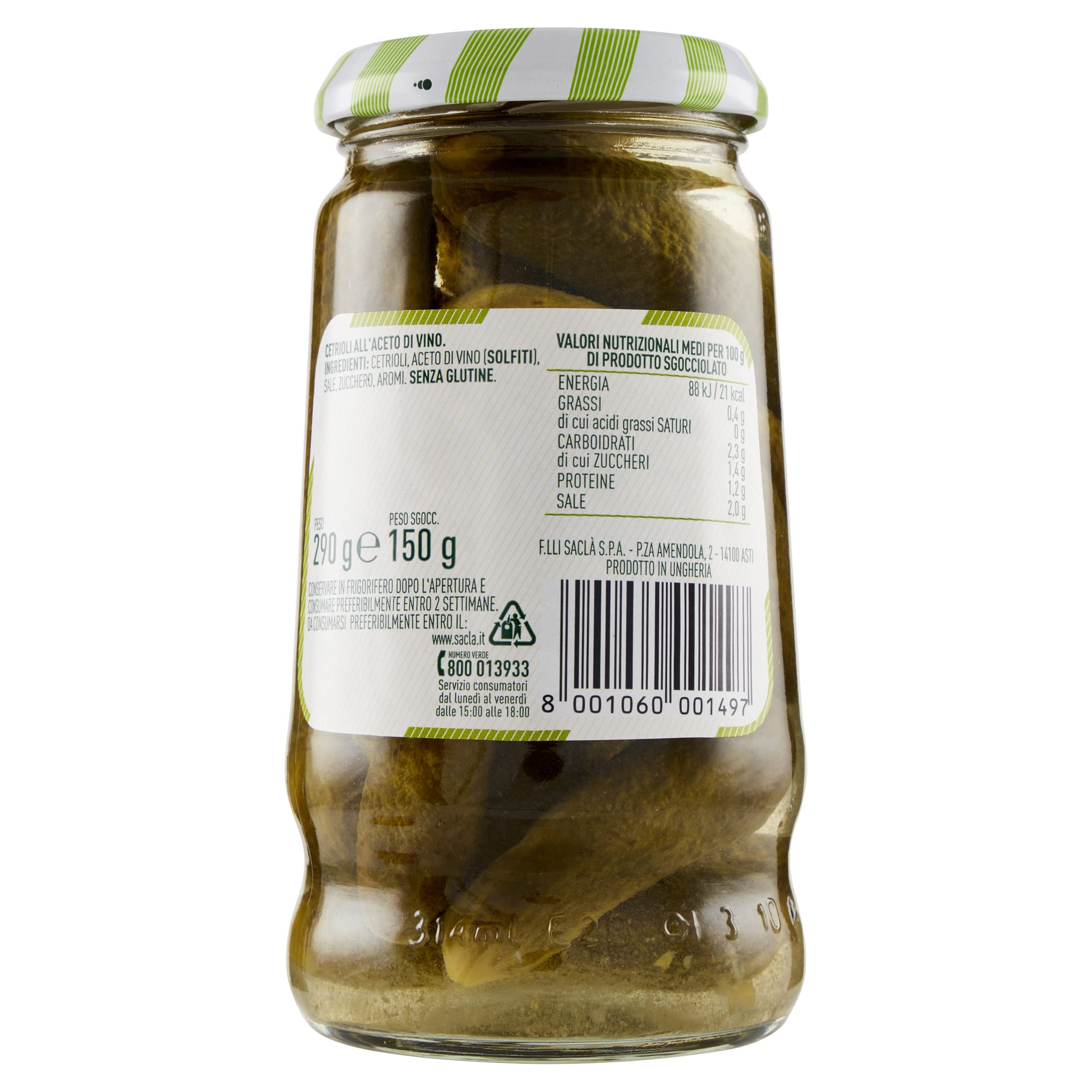 Saclà, Acetelli, Cetrioli All'Aceto di Vino, Ideali per Aperitivo, Antipasti e Insalate, Vaso Vetro, 290g (150g sgocciolato), Confezione da 12 pezzi