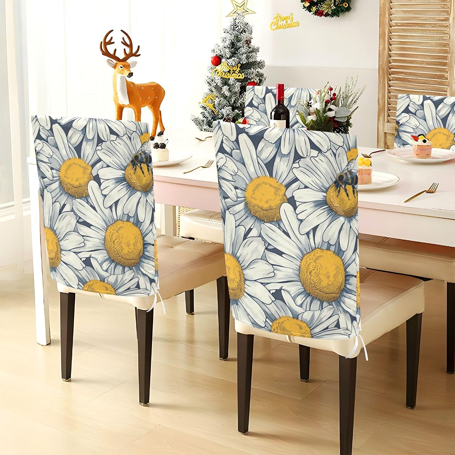 ALAZA Daisy Flowers Bee Chair Back Cover Set of 6, Washable Reusable Removable Chair Slipcovers Decorative Chair Cover for Home Kitchen Wedding Party