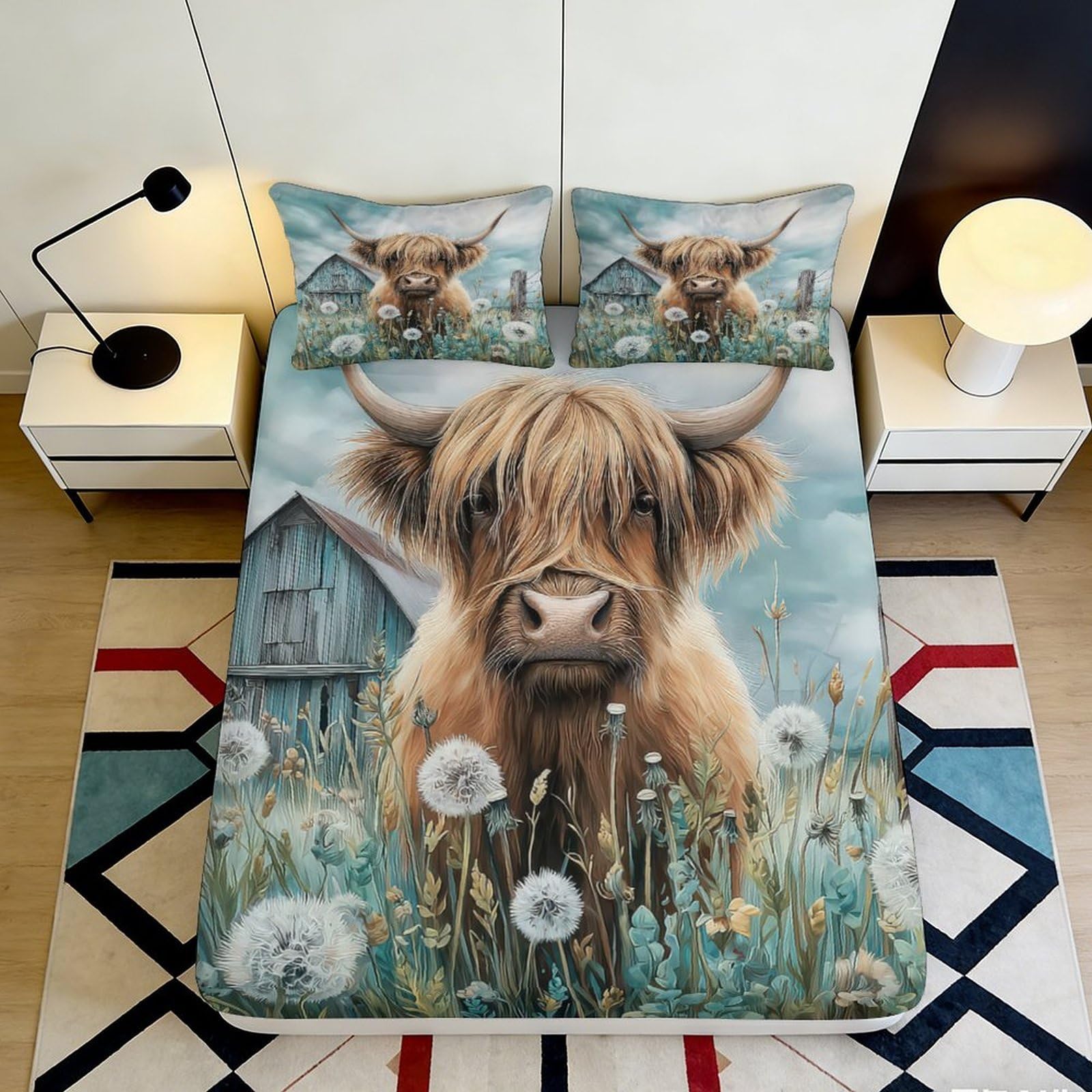 3D Printed Highland Cow Fitted Sheet Microfiber Farmhouse Pastoral Mattress Cover for Bedroom Home Dorm Decor 90x200x25cm
