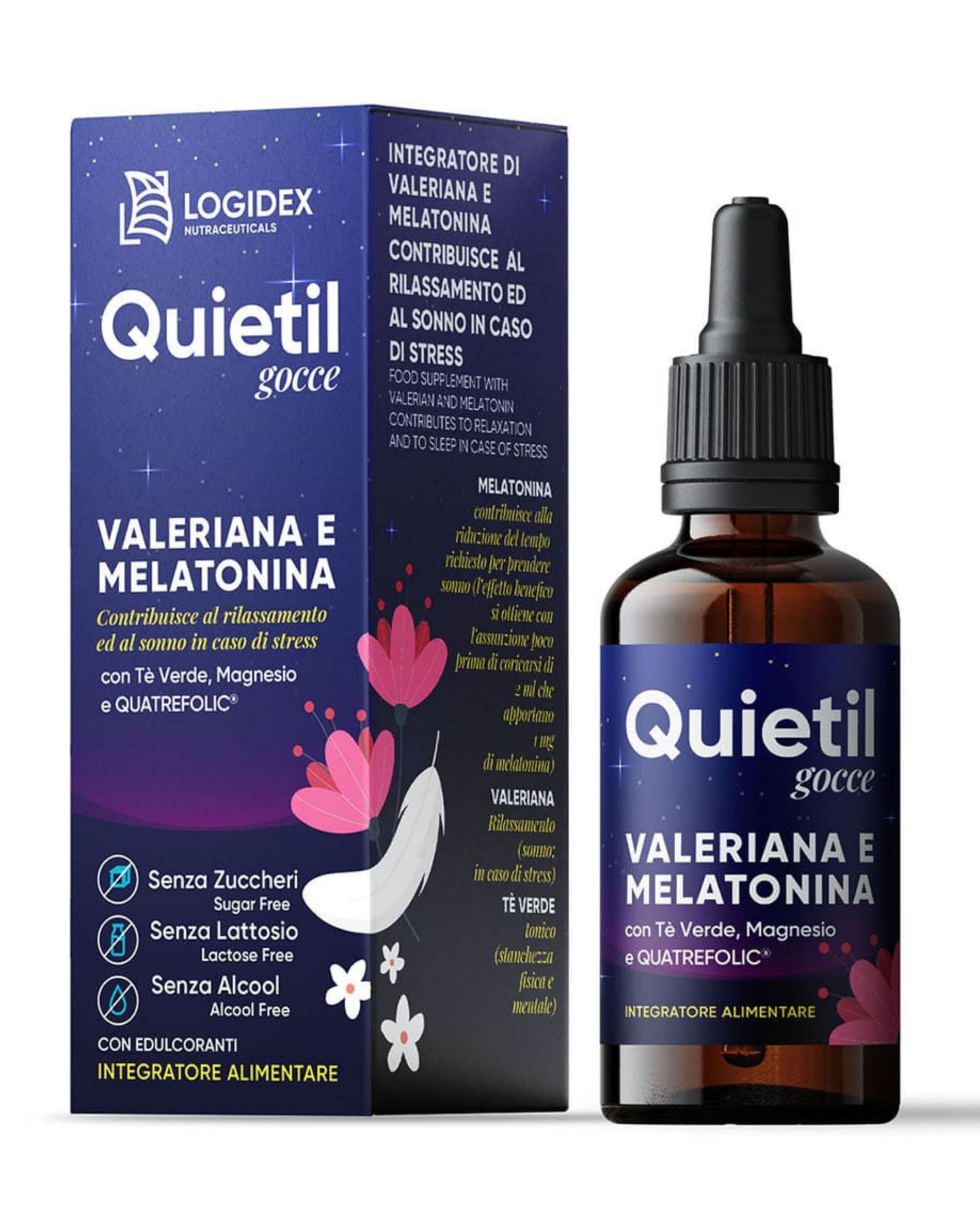Quietil Gocce – Integratore per Dormire con Melatonina, L‑Teanina, 5‑HTP, Magnesio, Valeriana e Folato Quatrefolic – Gocce Senza Alcol per Sonno Profondo, Ansia e Stress – 30 ml - Logidex