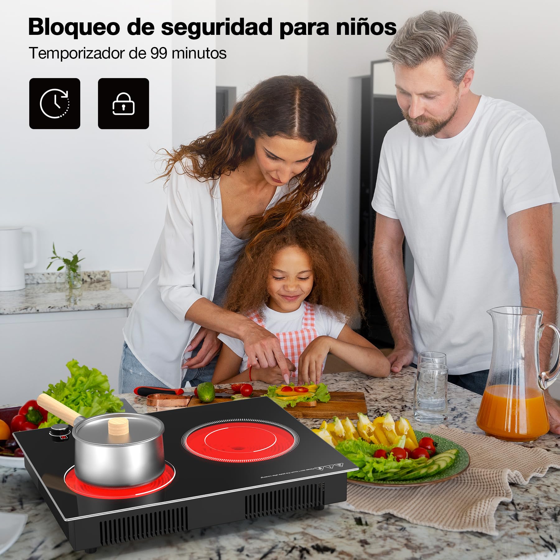 VBGK vitrocerámica 2 fuegos,3000W Empotrable y de sobremesa vitrocerámica 2 fuegos，9 niveles de potencia, temporizador y bloqueo de seguridad para niños.