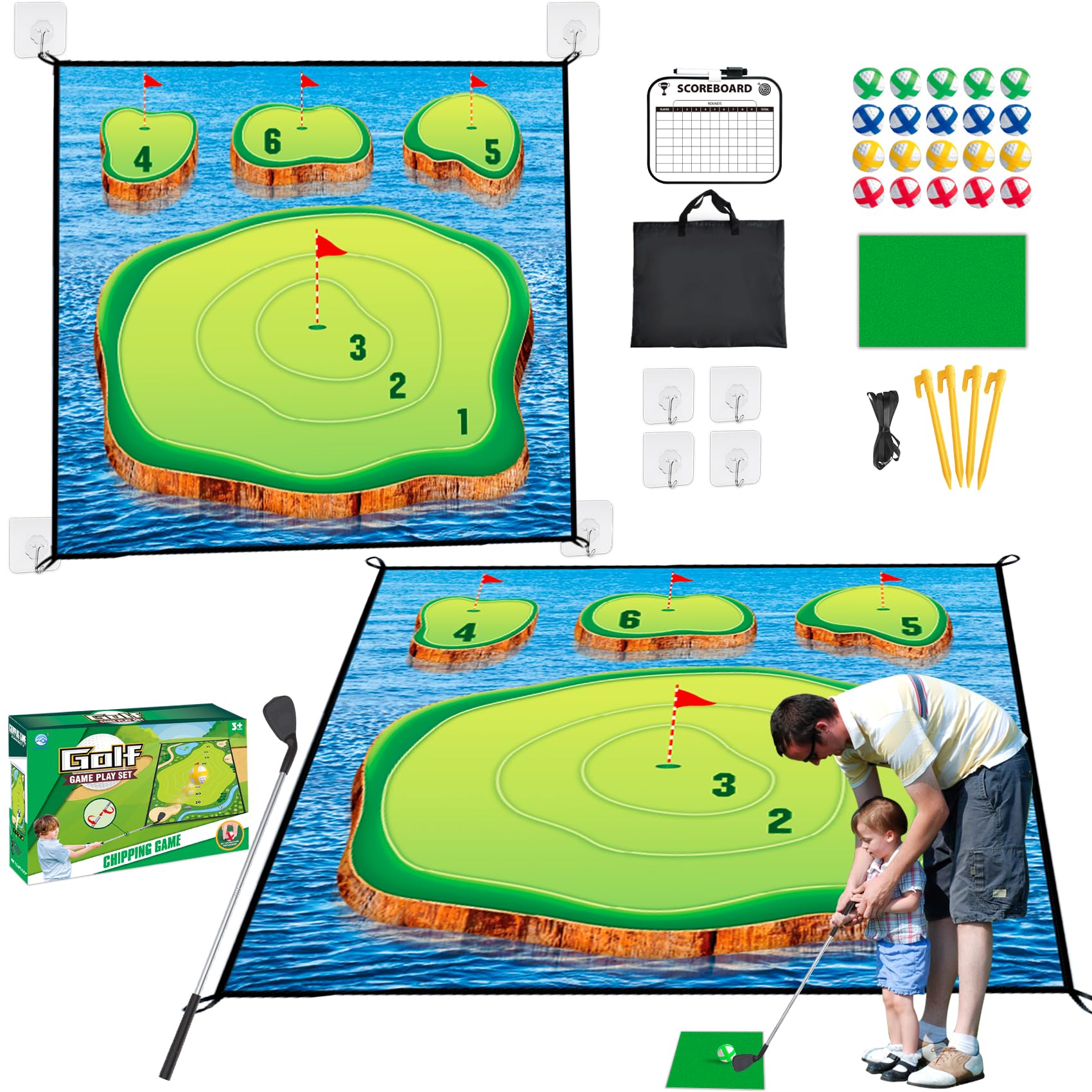 lyleyu Golf Chipping Game Mat Set,Sticky Pro, 70‘’x70'' for Indoor Outdoor for Adults,Battle Royale,Golf for Adults Family Kids Backyard Yard Party ?with Club?