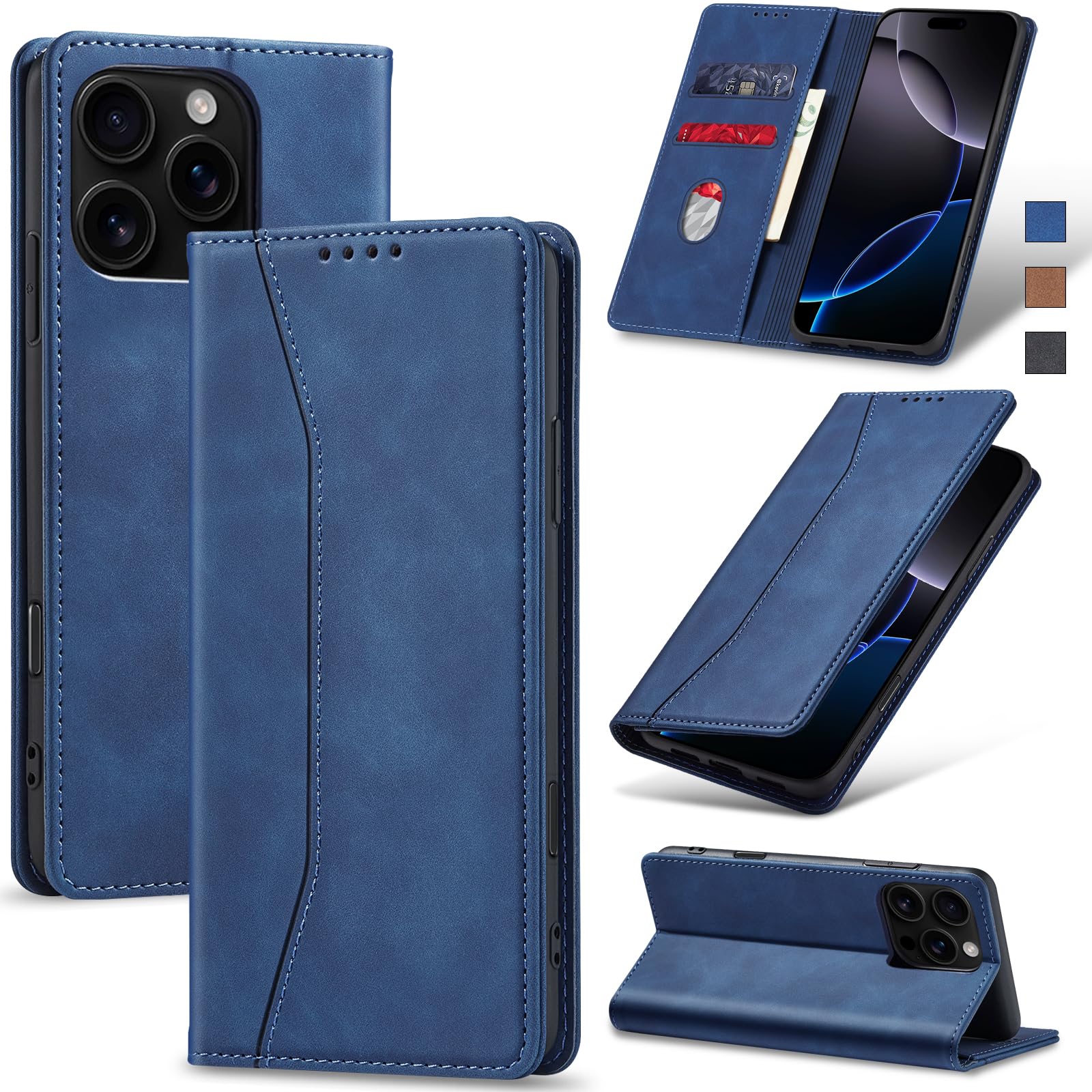 Jasonyu Handyhülle für iPhone 16 Pro Max Hülle Leder Flip Klappbare Stoßfeste Magnetische Premium PU Leder Standfunktion Kartenfächern Schutzhülle Klapphülle,Blau