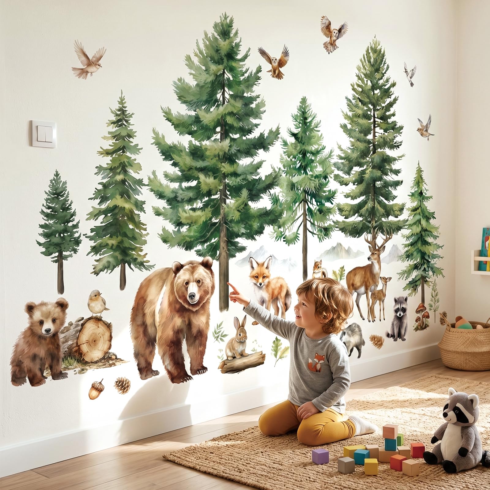 DECOWALL Sticker mural forêt – Aquarelle ours, cerf & renard avec arbres, autocollants muraux détachables pour chambre d'enfant, chambre de bébé, salle de jeux (SG4-2520)