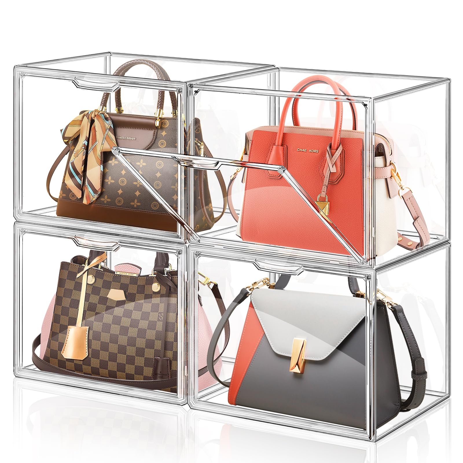 4 Packungen Kunststoff Geldbeutel Lagerung Veranstalter für Schrank, Klare Vitrine für Geldbeutel und Handtaschen, Stapelbare Aufbewahrungsboxen mit magnetischer Tür für Kosmetik Spielzeug