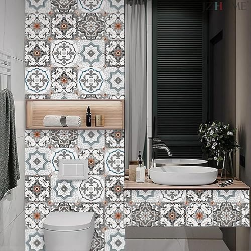 Miniatura 4 de JZHOME 1231 Papel tapiz de azulejos mediterráneos para despegar y pegar, 17.7 x 9.8 pies, papel de contacto autoadhesivo azul bohemio, extraíble,