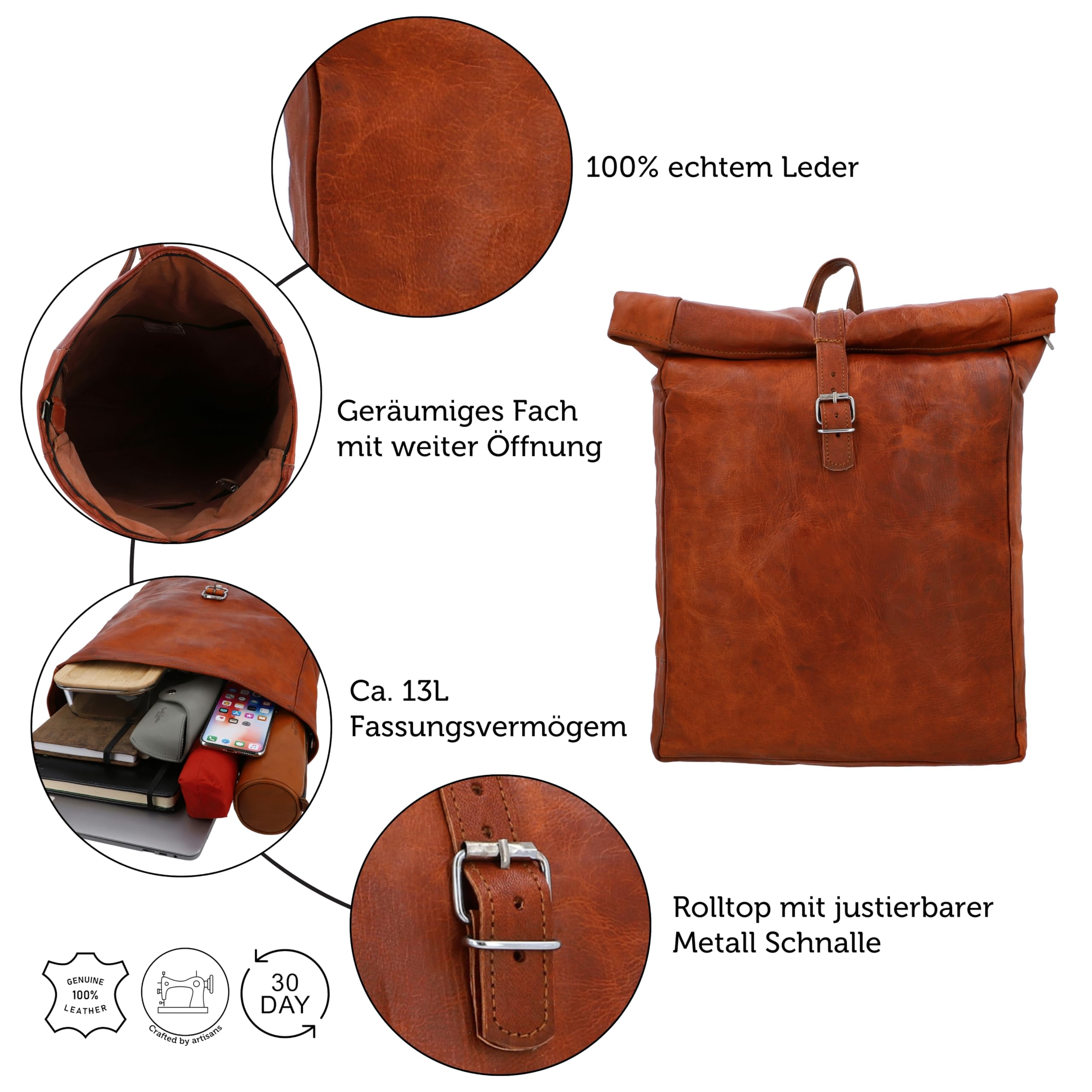 Gusti Rucksack Leder - Niklas Rolltop Lederrucksack Vintage Cityrucksack Outdoorrucksack Laptoptasche Unirucksack Braun Leder Damen Herren Unisex