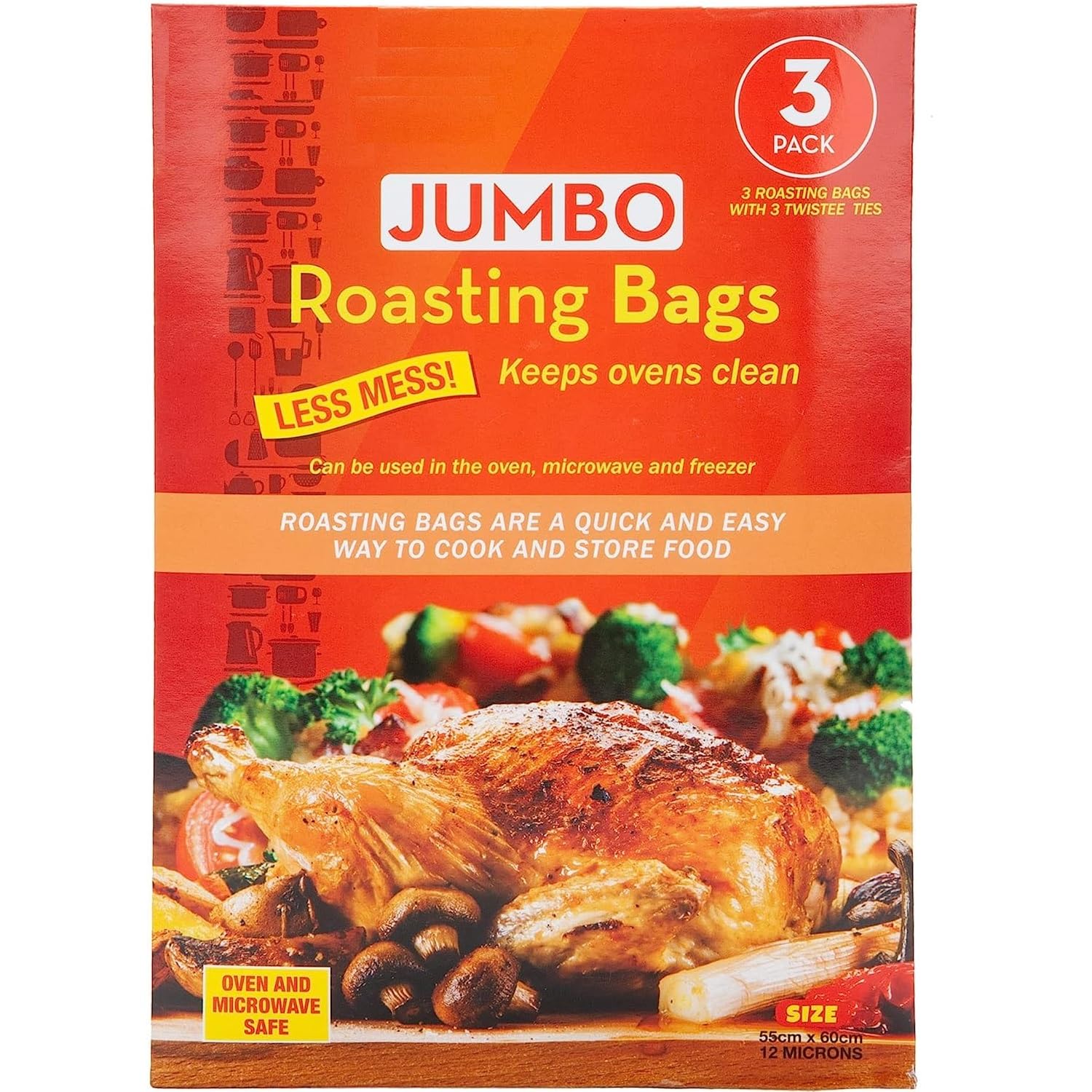 Extra Large Turkey Roasting Bags: 3 Jumbo Bags for Oven, 55cm x 60cm, Easy Roast - With Ties for Microwave and Freezer Use