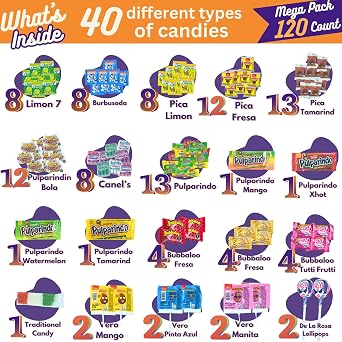 Mexican Candy Variety Pack (120 Count) Dulces Mexicanos, Tamarind Candy, with Pulparindo, Vero Lollipops, Lucas, De La Rosa, Mazapan, Mexican Snacks, Bulk Pinata, Fiesta